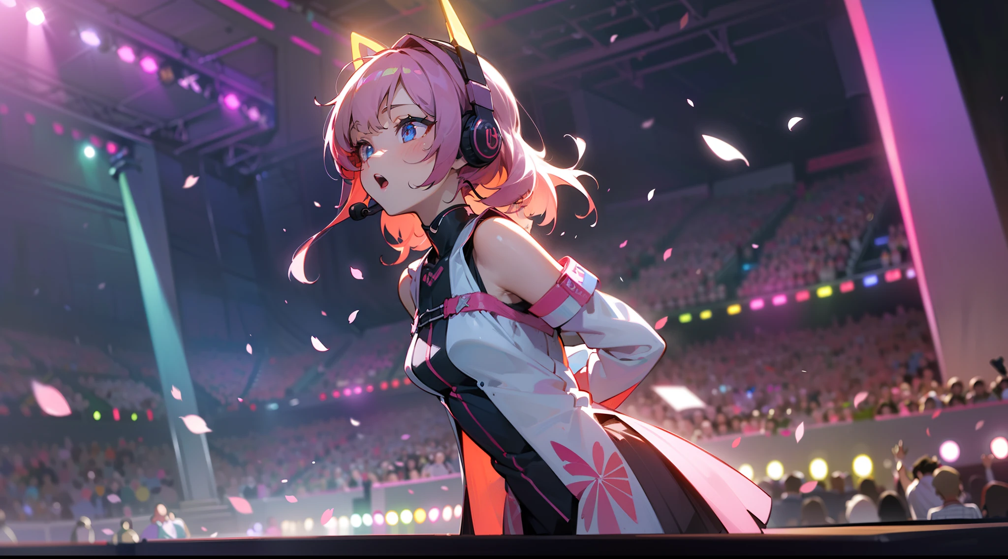 ((masterpiece)), (((best quality))), ((ultra-detailed)), ((illustration)), A lot of waving glow sticks,Stage,Concert,(solo),1 girl,((singing)),headset,(leaning_forward:1.2),(arms_behind_back),((extremely_detailed_eyes_and_face)),colorful,,Tokyo Dome,ray tracing,(disheveled hair),cherry_blossoms,petals,Flying notes