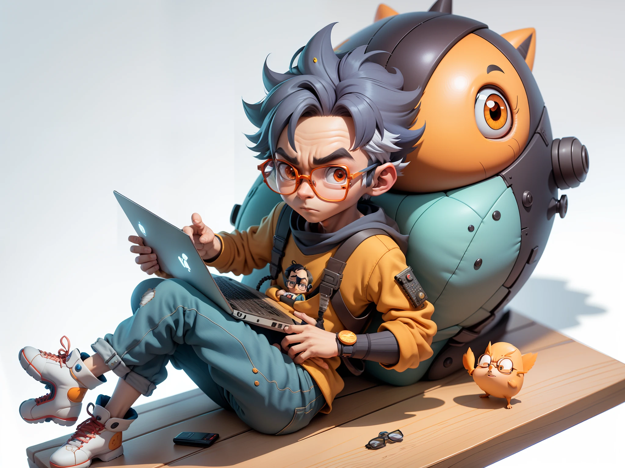 A young man with glasses sits at his desk，holding laptop，digitial painting，3D character design by Mark Clairen and Pixar and Hayao Miyazaki and Akira Toriyama，4K HD illustration，Very detailed facial features and cartoon-style visuals。