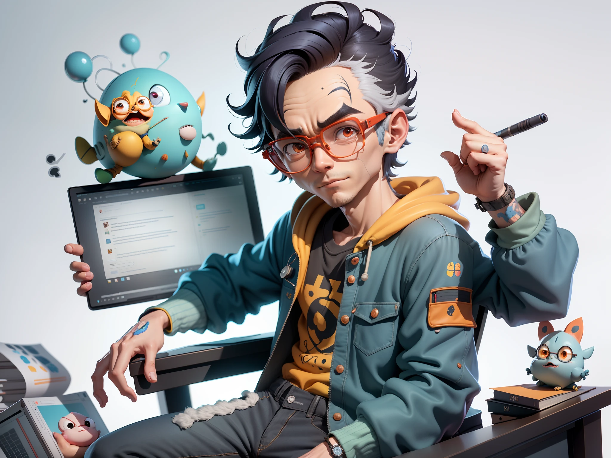 A young man with glasses sits at his desk，holding laptop，digitial painting，3D character design by Mark Clairen and Pixar and Hayao Miyazaki and Akira Toriyama，4K HD illustration，Very detailed facial features and cartoon-style visuals。