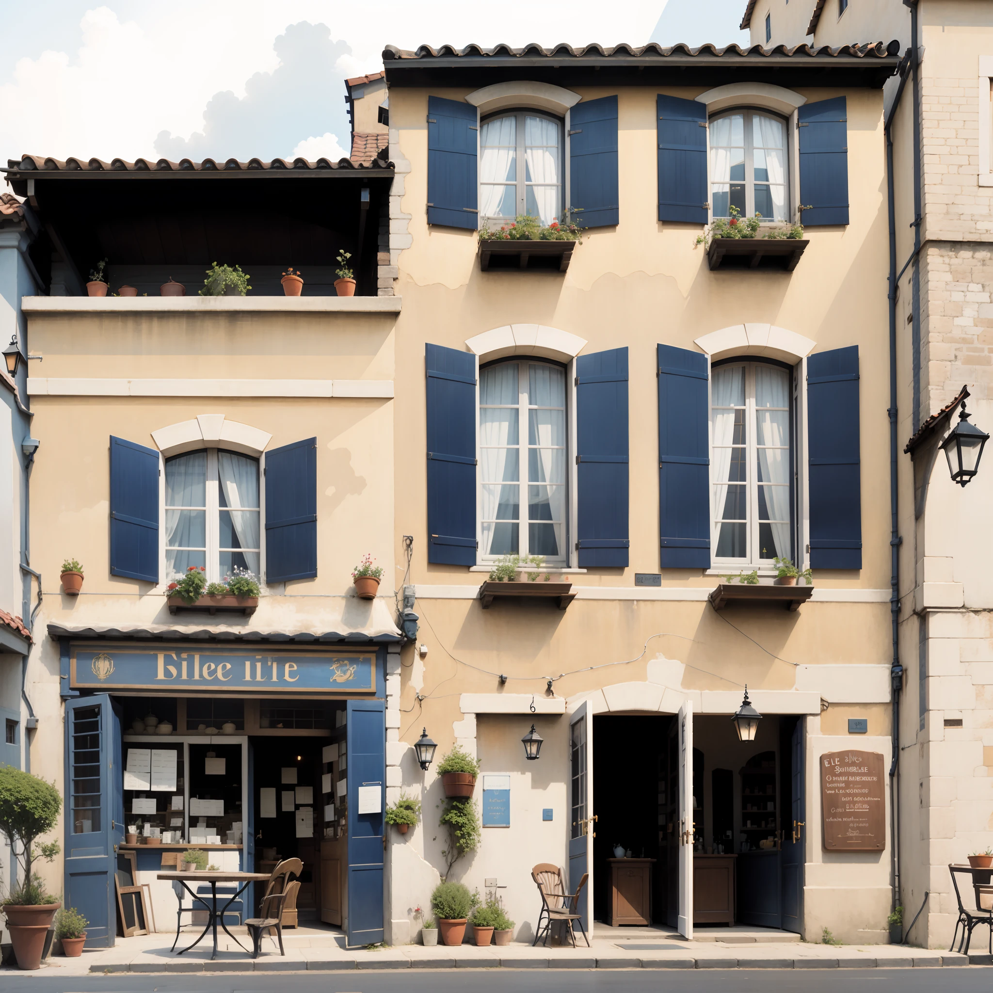 Alafed building with blue shutters and a sign that says Salon de Vie, French architecture, Exterior of French Village, by Raphaël Collin, Ornate French architecture, Large windows to Frenchtown, restaurant, gourmet restaurants, Inspired by Jacques Sable, PastelColors, Blue shutters on windows, un restaurant avec une terrasse, by Etienne Delessert、medieval times、Italy、Spain、unmanned、leisure、Silence、The roof tiles are vermilion、Buildings made of wood and stone、Guibli、Anime Background、animesque、Simple picture