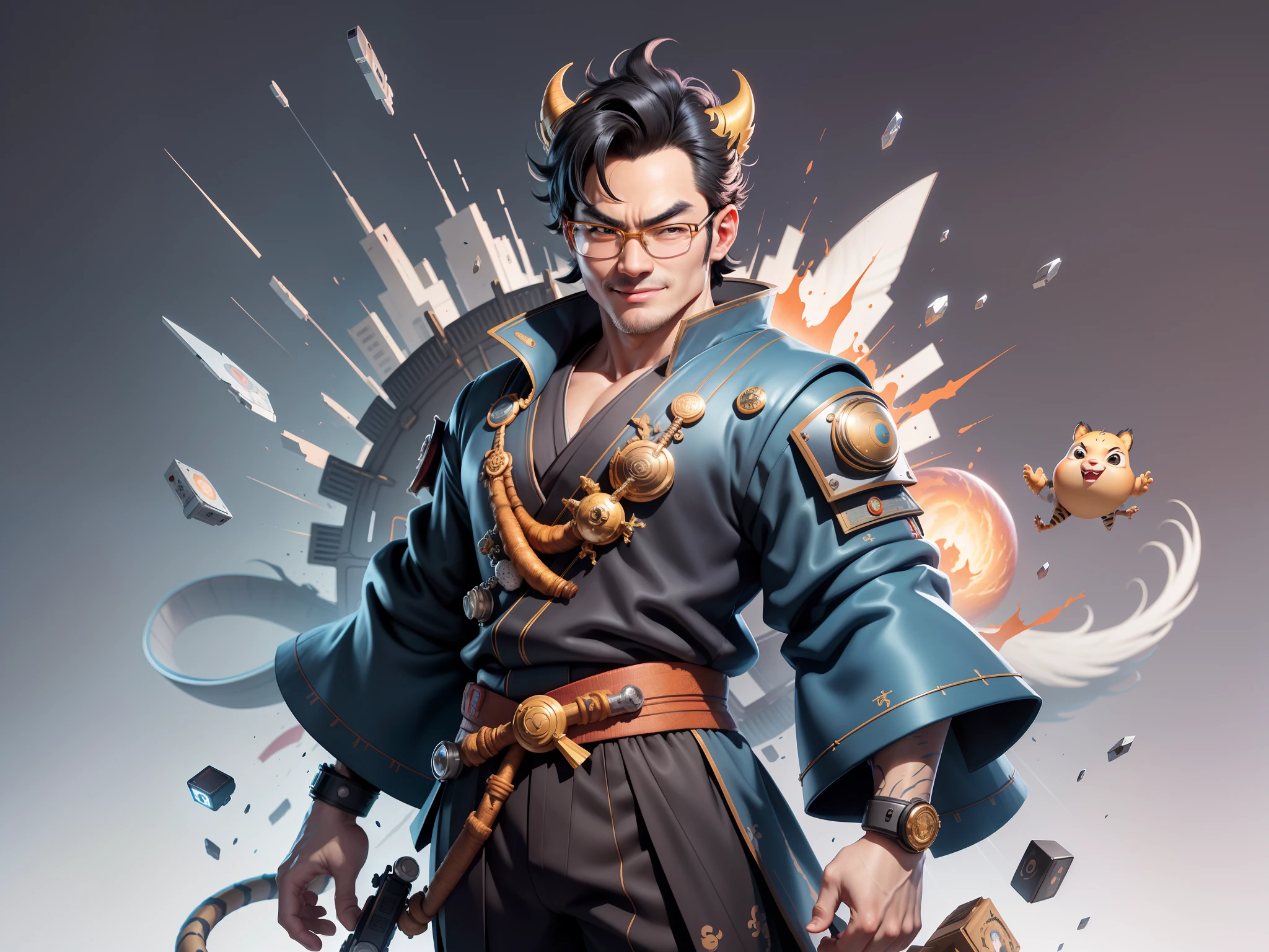 (Masterpiece), (Excellent), (Super Meticulous), (Full Body: 1.2), Super Young Man with Japanese Female Geisha, Pretty, Beautiful, Chinese Dragon, Tiger, Wind God Thor, Sexy, Bursting, Oriental Face, TV Anchor, Bust Portrait Illustration, Black Suit, Blue Tie, Slightly Chubby Face, Silver Glasses, Very Clean Face, No Beard on Chin, Black Super Short Hair, Black Eyes, Confident Smile, 3c Computer Sub-Products, iPad, iPhone, Digital Painting, 3D character design by Mark Clairedon and Pixar and Hayao Miyazaki and Akira Toriyama, the illustrations are HD illustrations in 4K resolution with highly detailed facial features and cartoon-style visuals.