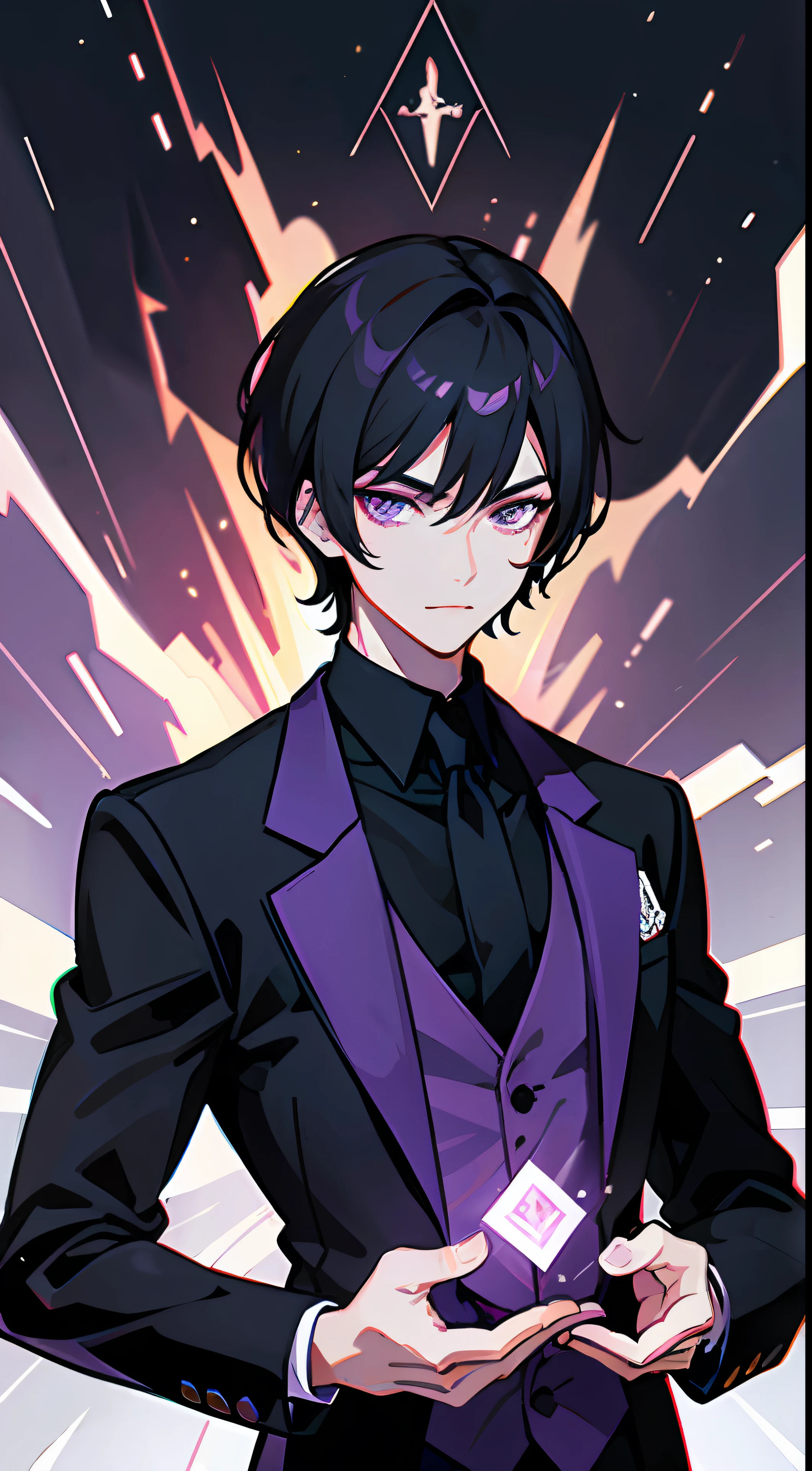 1Man, short black hair, fiery black-purple eyes, wears a black suit, he's a demon lord, make it like tarot anime-style but no frame