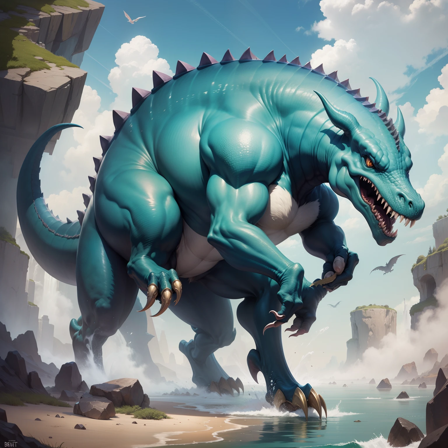Draw a three-sea-meridian beast that looks like a dinosaur