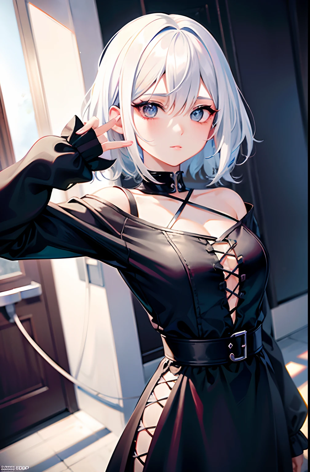 anime girl with white hair and black outfit staring at camera, a character portrait inspired by loish, tumblr, gothic art, anime vibes, girl with short white hair, loish |, loish art style, girl with white hair, anime styled, modern anime style, in an anime style, anime style portrait, anime art style, dark art style