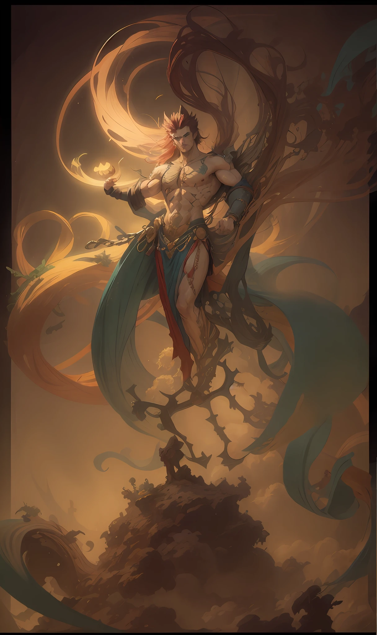 A man,musculous,mythical character,Moire,floated hair