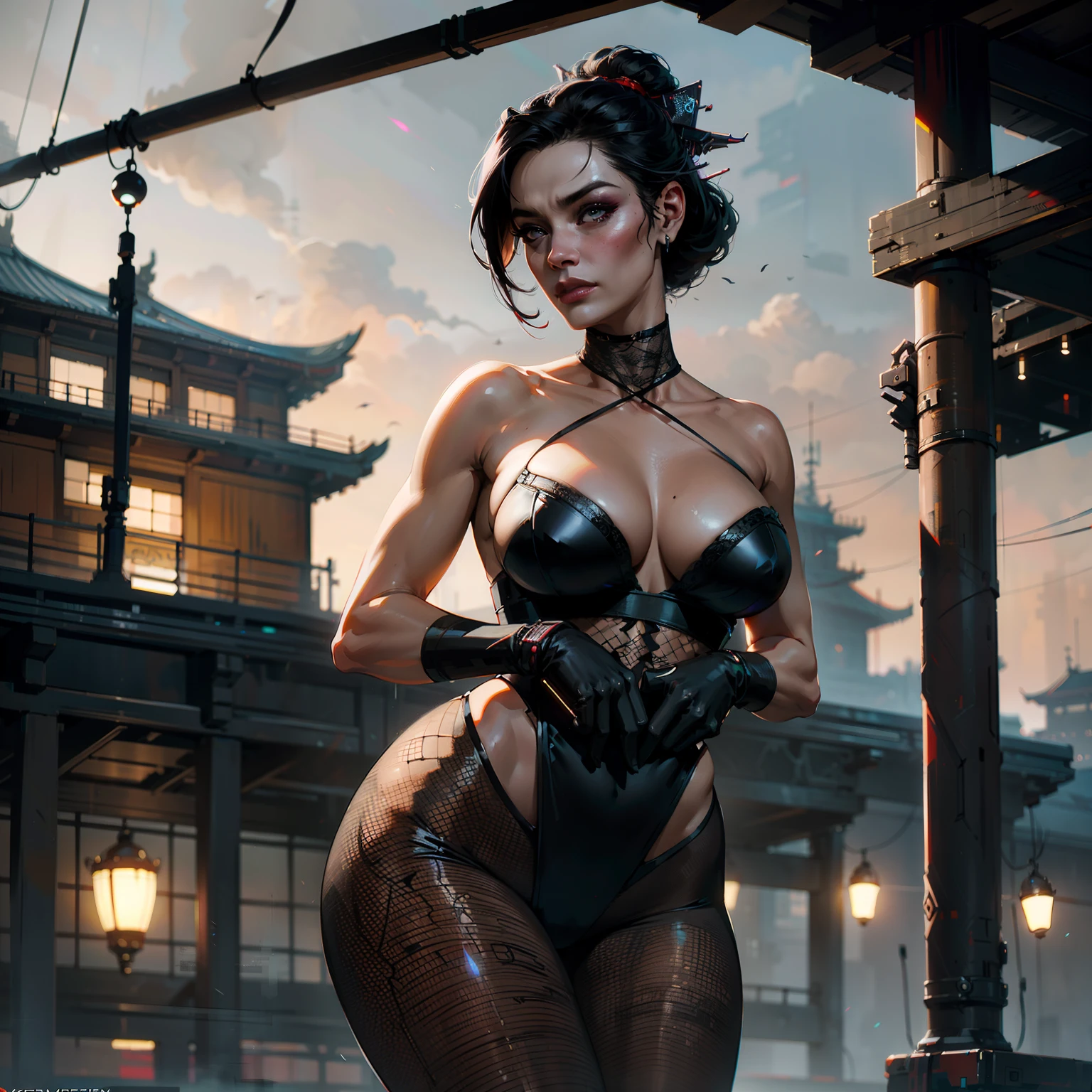 there is a woman in a black lingerie posing for a picture, wlop and ross thran, cyberpunk geisha, author：Chen Jiesheng, cyberpunk angry gorgeous goddess, Ross Tran 8 K, CGsociety masterpiece, Cyberpunk 2 0 y. o model girl, ArtStation masterpiece, cyberpunk judy alvarez, Deviantart ArtStation CGSCOSIETY, wojtek fus, author：Oliver Sheen