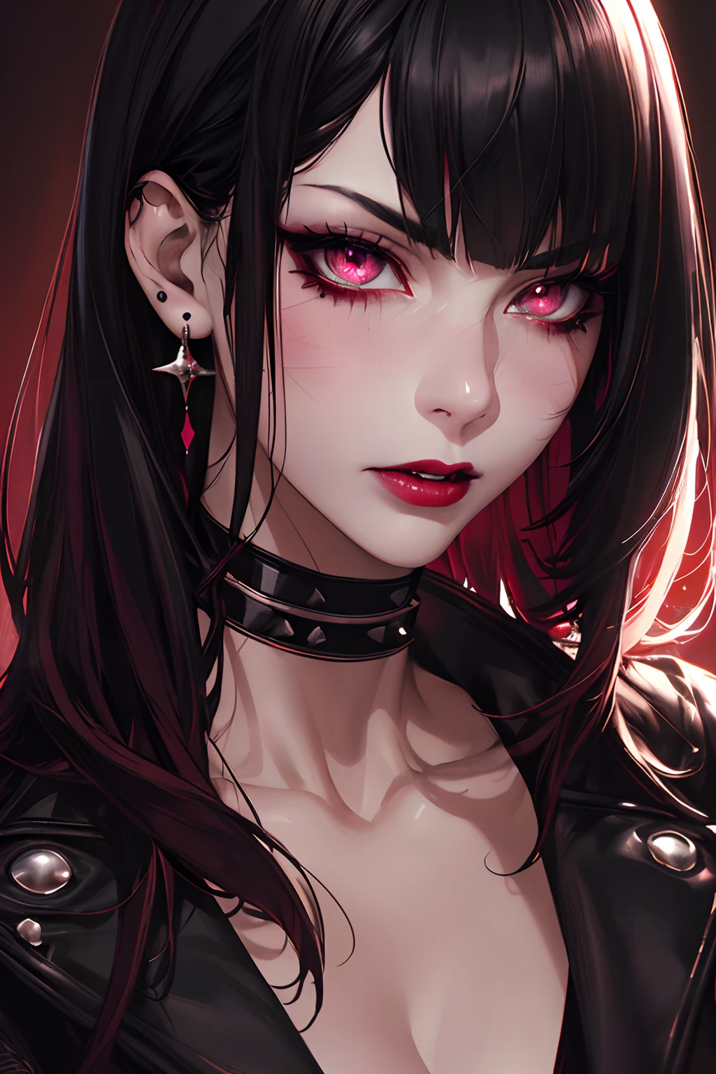 1girl, (close up face, masterpiece, best quality: 1.2), 8k, official art, absurdres, gothic, studded leather jacket and choker, pierced earrings, (smoky red eye shadow with glitter, pinkish red lips glazed :0. 9), very dark red background, HDR, facelight, ultra realistic, highres, photography, film grain, chromatic aberration, sharp focus, HDR, facelight, dynamic lighting, cinematic lighting, professional shadow, dark shadow, highest detailed, extremely detailed, ultra detailed, finely detail, real skin, delicate facial features, detailed face and eyes, sharp pupils, realistic pupils, (black hair: 1.4)