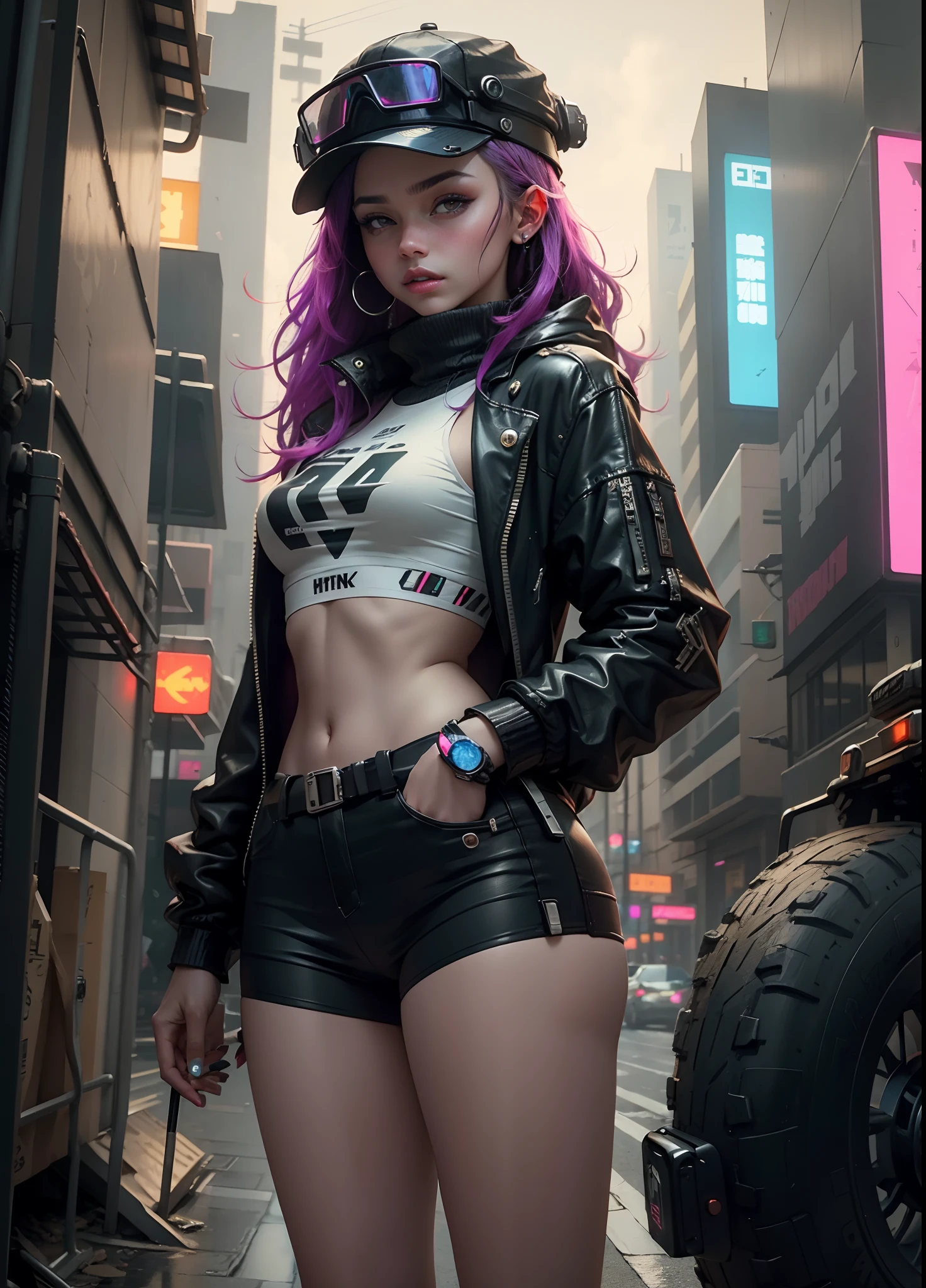 Beautiful woman medium hair, wearing cap, cyberpunk style short clothes