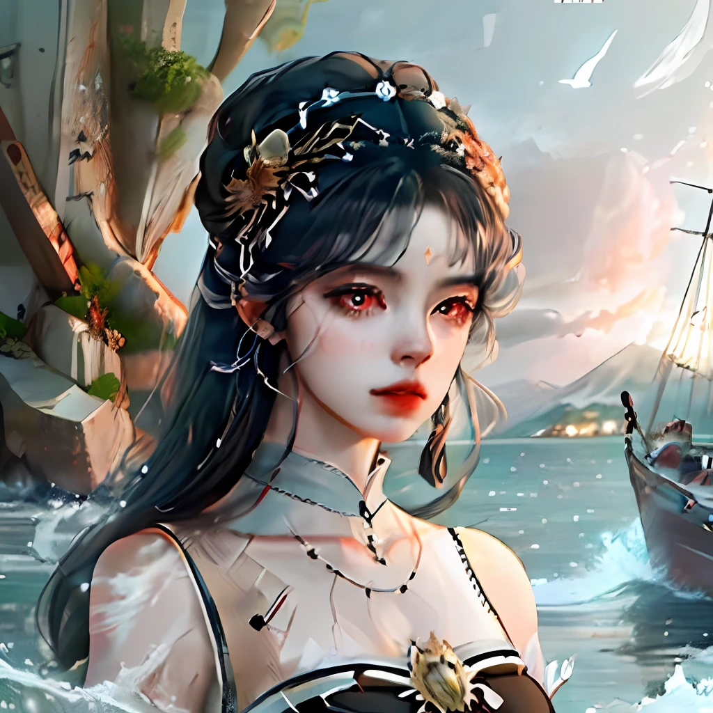 quadratic element,ancient wind,water ink,Woman with black hair and red eyes,Royal sister,delicated,Beautiful,high qulity,Female general