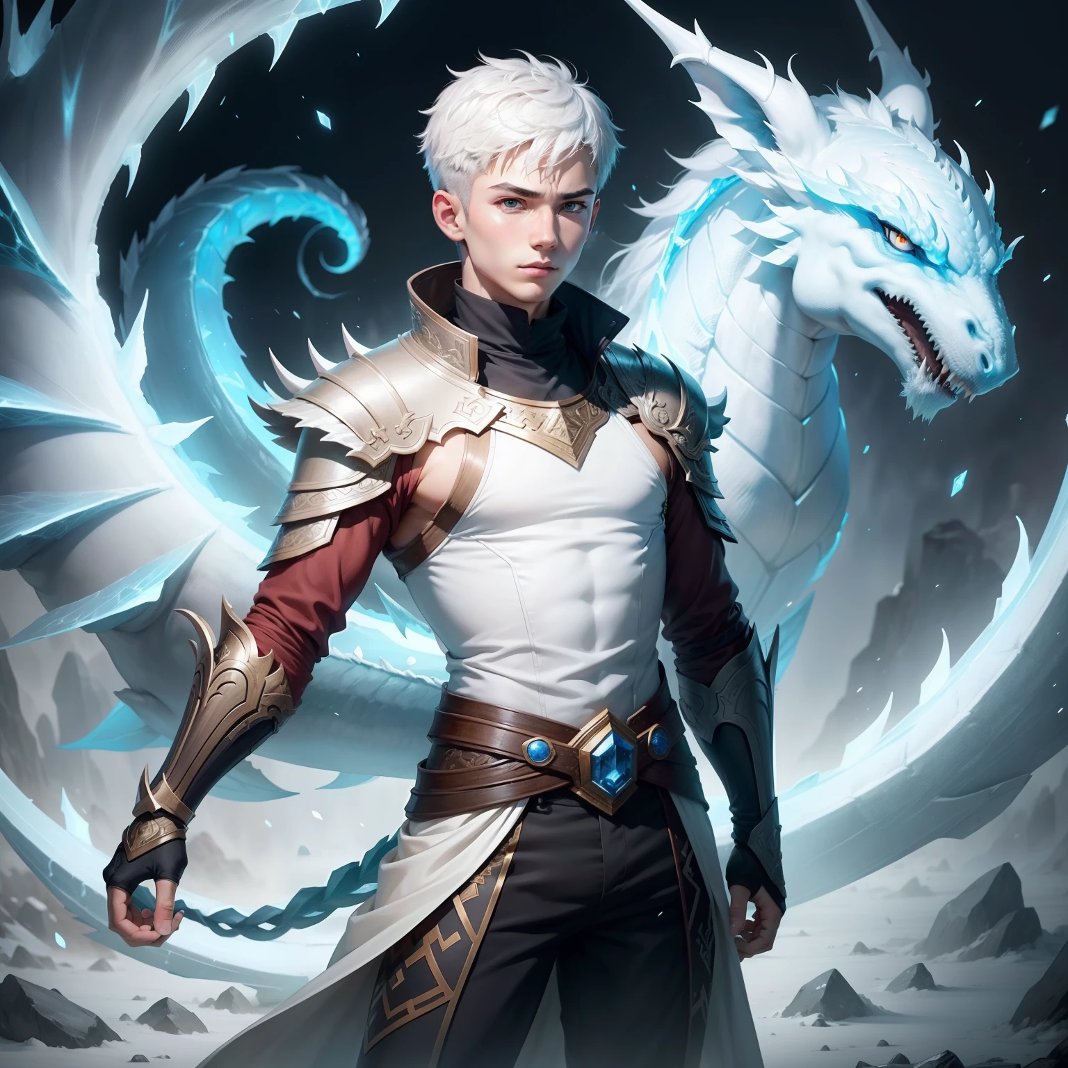 Draw a young boy with short white hair，Surrounded by ice dragons，The temperament should be high and cold，Highlight the breath of the strong，High-quality work