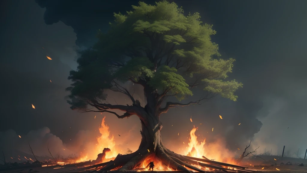 Amidst the ashes left by the fire, a lone, majestic tree stands tall, radiating a vibrant green aura. Its branches bear lush leaves that sway in the wind, symbolizing resilience and growth. Despite the devastation around, this tree shines as a beacon of hope and regeneration, reminding us that even in the face of adversity, life and vitality can prevail.