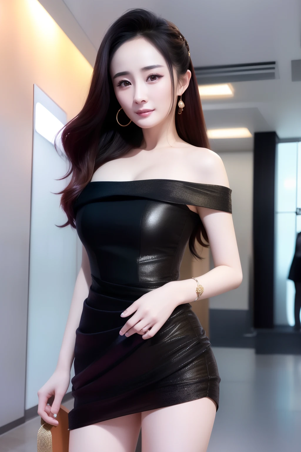 Yang Mi looks，best qualtiy， 超高分辨率， （realisticlying：1.4）， 1girll， off the shoulder dress， black skirt， （mediuml breasts：1.2）， （plumw：1）， looking at viewert，