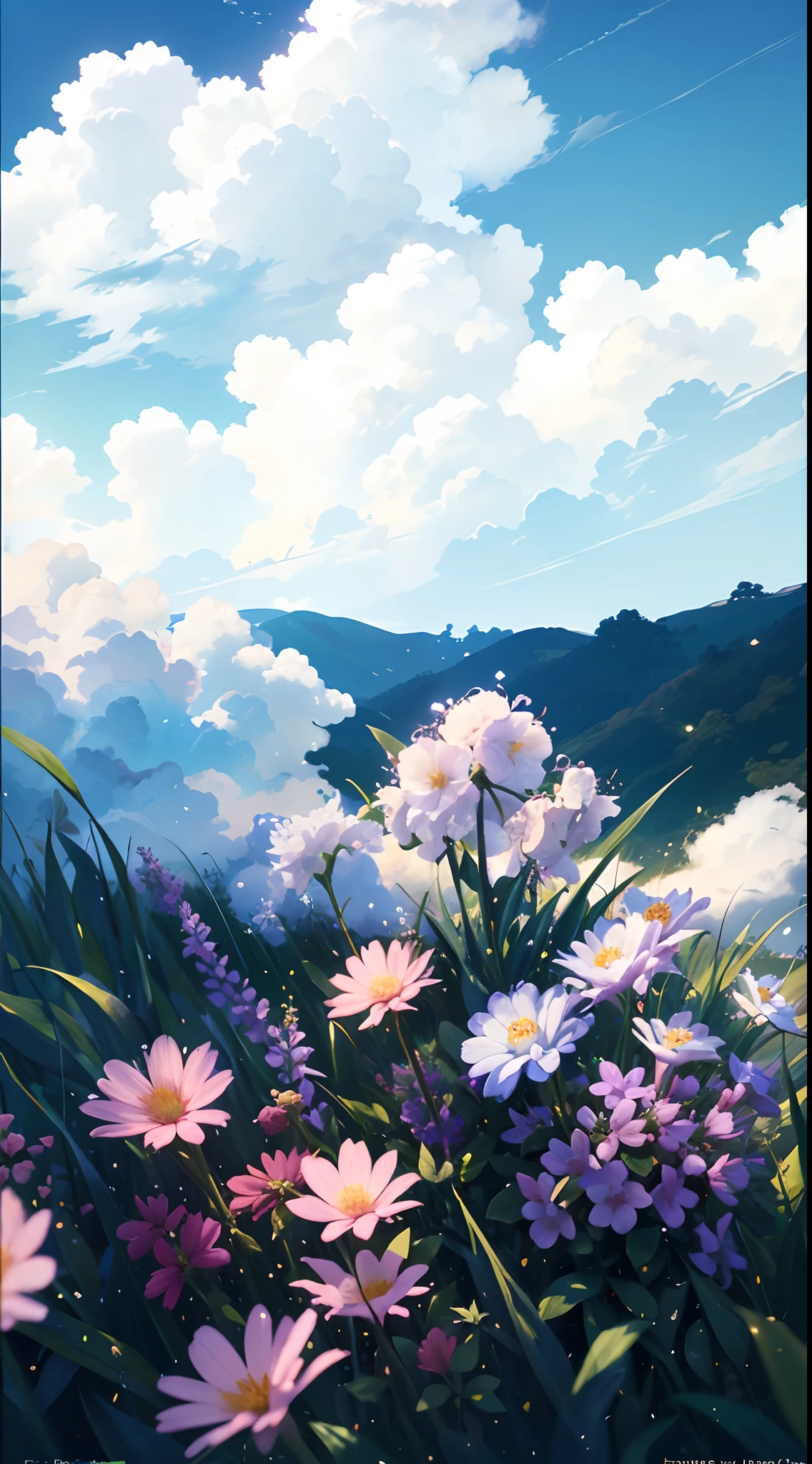 Summer, grass, a few small flowers, large clouds, blue sky, hot weather, HD detail, wet watermark, hyperdetail, cinematic, surrealism, soft light, deep field focus bokeh, ray tracing, and surrealism. --v6