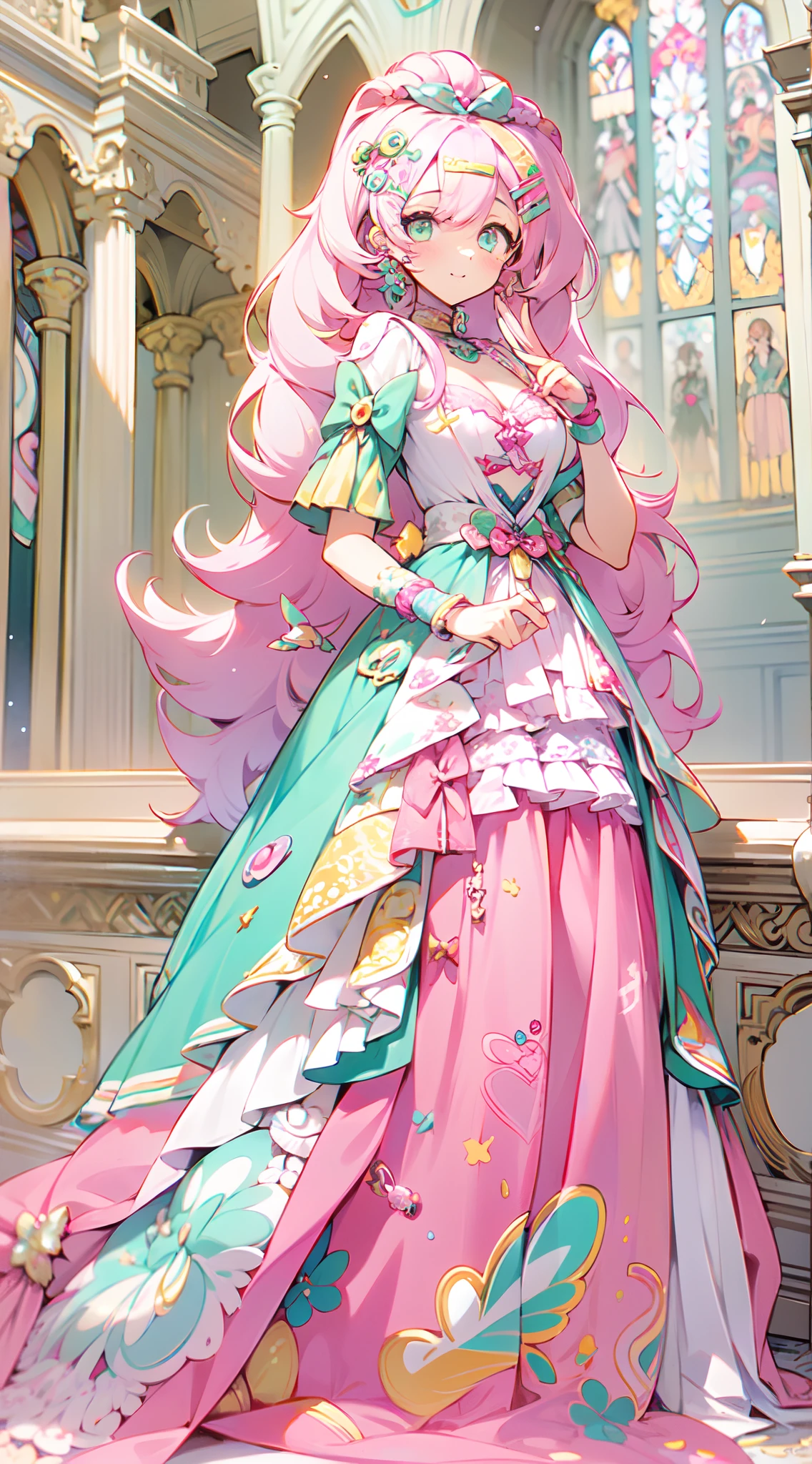 kawaii, cute, adorable, pink, yellow, babyblue, ((1girl)), "A beautiful girl with flowing hair and captivating eyes, dressed in an exquisite floor-length gown embellished with floral designs, poised gracefully within the resplendent grandeur of a cathedral.", decora, hairclips, harajuku fashion outfit, harajuku