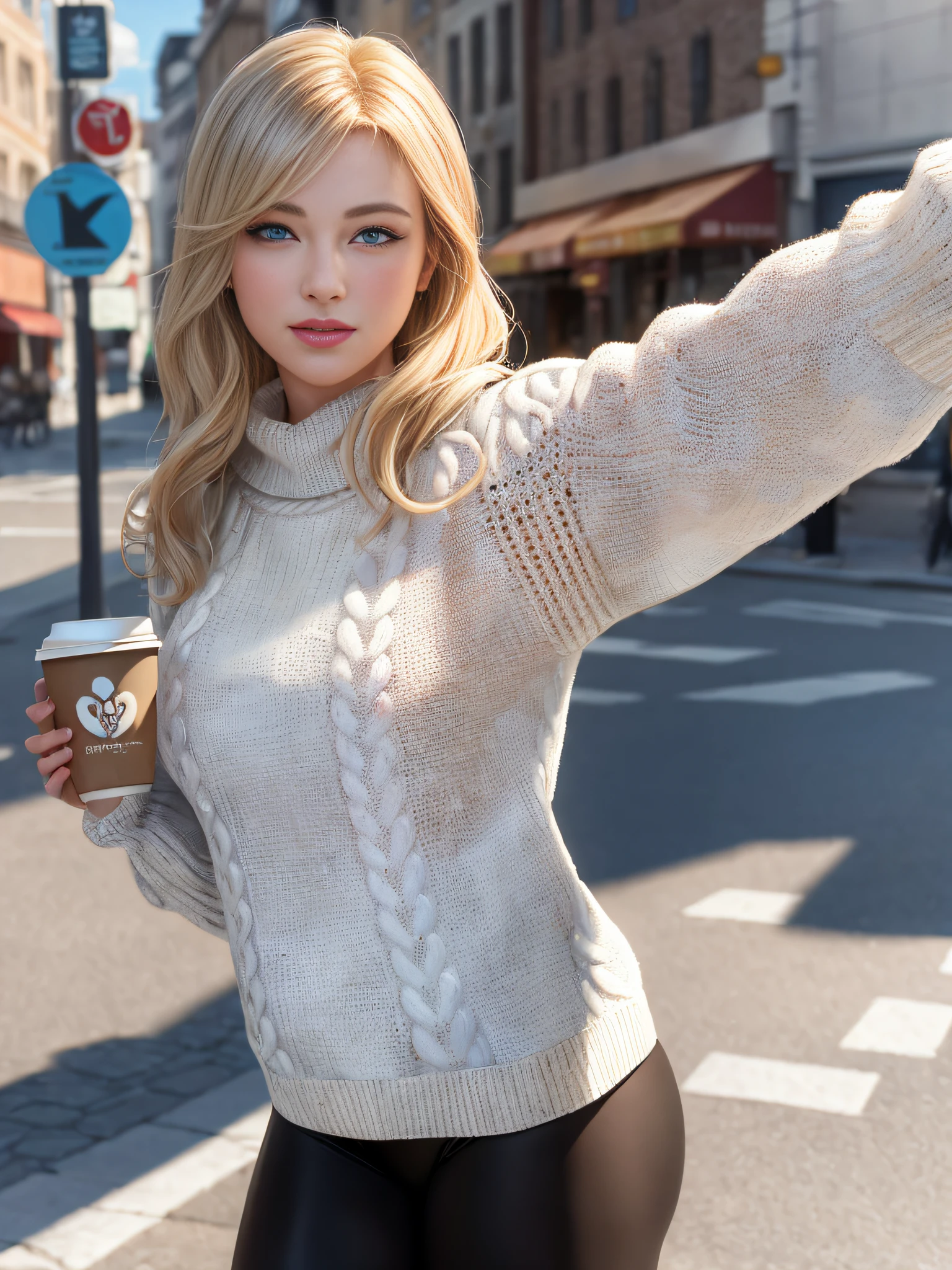 (masterpiece, best quality:1.4), (modern days), (cowboy shot), 1girl, solo, pov, sfw, stunning girlfriend, (standing:1.1), dynamic pose, (white oversized sweater, knit sweater:1.4), (skinny yoga pants, dark gray yoga pants: 1.4), (navy short jacket, denim jacket: 1.4), long blonde hair, bangs, heart-shaped face, elegant face, beautiful face, high detail face, high detail skin, skin pores, subsurface scattering, (blue eye details), realistic pupils, plump breasts, loving smile, looking at the audience, full blush, plump lips, holding a coffee cup, centered, coffee shop in background, city street, sunny day, wind, detailed background, depth of field, Atmospheric perspective, volumetric lighting, clear focus, absurd, realistic proportions, good anatomy, (realistic, hyper-realistic:1.4), 16k HDR,