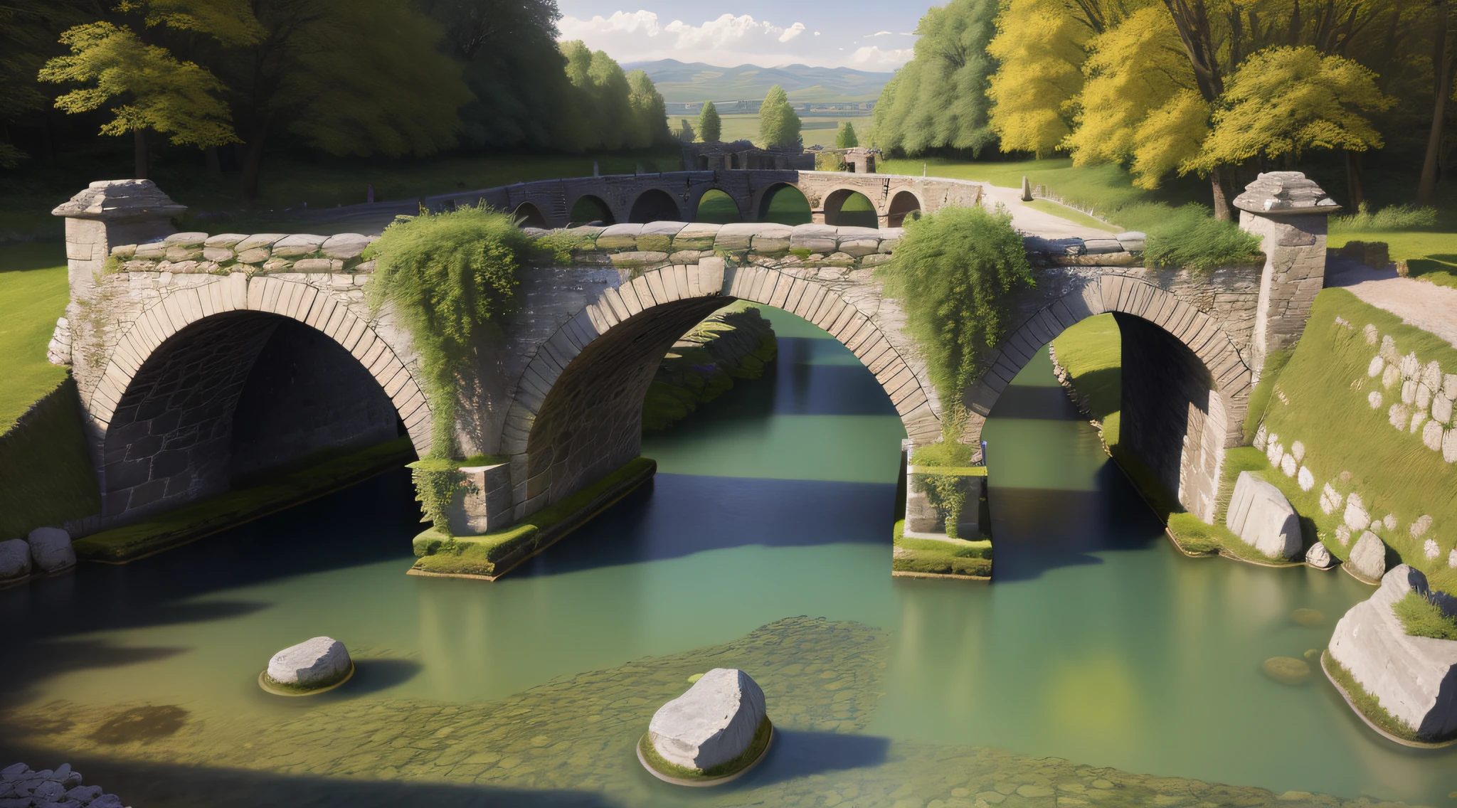 Medieval stone bridge，Rough stones，The bridge is planted with European-style battle flags，Frontal top-down view，The picture quality is clear