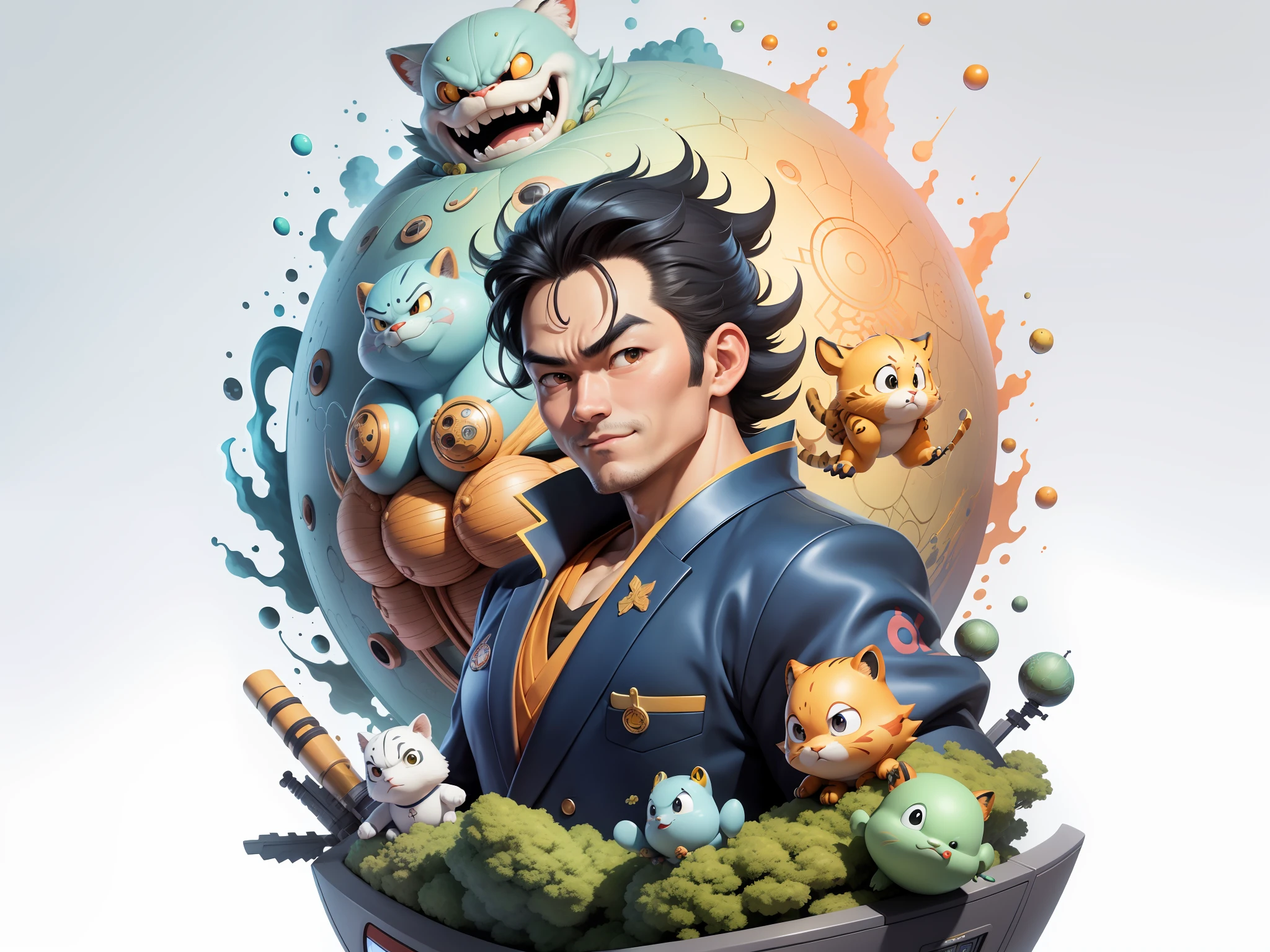 (Masterpiece), (Excellent), (Super Meticulous), (Full Body: 1.2), Super Young Man, Oriental Face, Japanese Kimono, Japanese Wind Thunder God, Dragon, Tiger, TV Anchor, Bust Portrait Illustration, Alone, Black Suit, Blue Tie, Slightly Chubby Face, Very Clean Face, No Beard, Black Super Short Hair, Black Eyes, Confident Smile, 3c Computer Sub-Products, iPad, iPhone, Digital Painting, 3D Character Design by Akira Toriyama and Mark Claireden and Pixar and Hayao Miyazaki, The illustration is a high-definition illustration in 4K resolution with very detailed facial features and cartoon-style visuals.