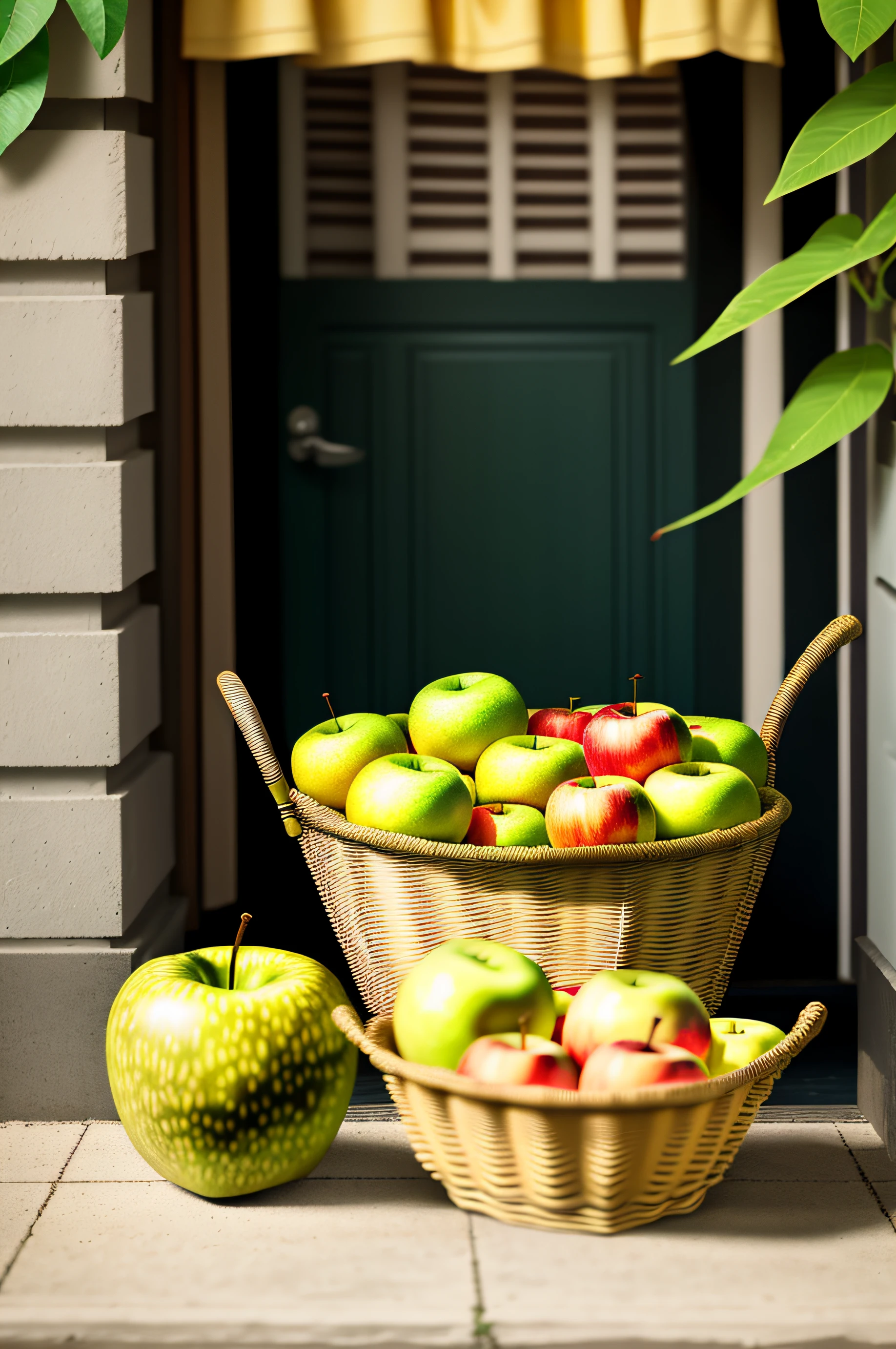 There were some mangoes in one basket,In front of it is a red apple and a green apple, and a few white flowers