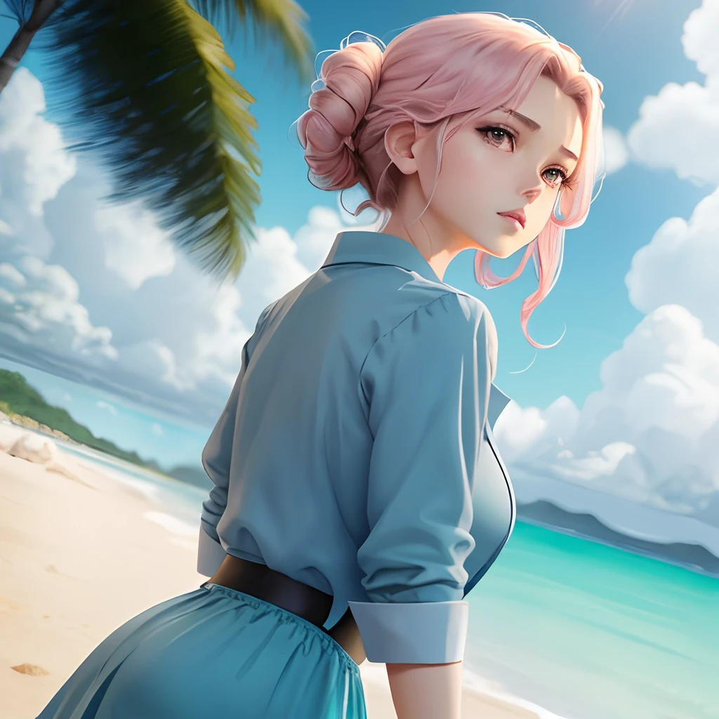 anime - imagem de estilo de uma mulher 27 anos  com um cabelo ruivo e uma camisa listrada azul, revelando roupa, seios cobertos e sfw, (sfw) seguro para o trabalho, vestido com camisa azul , colada menina anime sedutora, [ 4 k arte digital ]!, bottom angle, camisa aberta, oppai, decote, roupa reveladora, anime suave cg art, arte anime digital detalhada