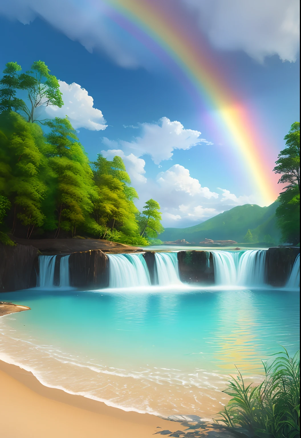 Landscape, water, with rainbow (extremamente detalhado CG unidade 8k papel de parede), a obra de arte mais bonita do mundo, professional majestic oil painting, intrincado, High detail, foco nítido, dramatic and photorealistic painting art