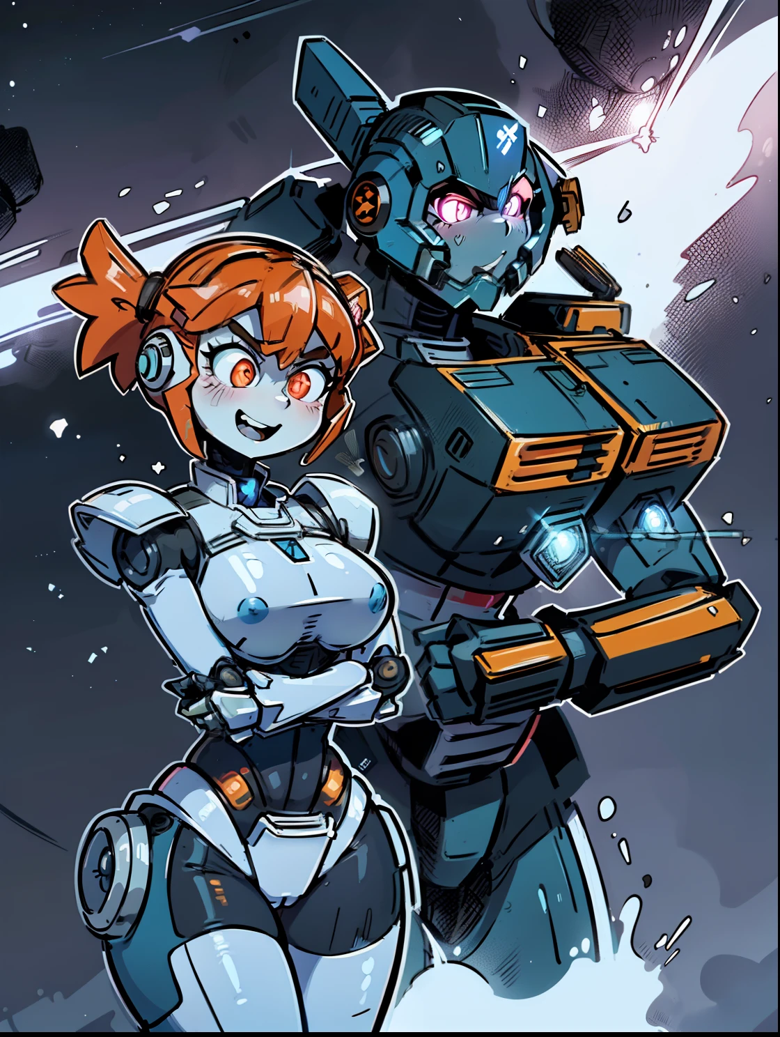 (NSFW:0.8), ((masterpiece)), best quality, chibi mech, a cartoon anime style, toonish style (cute figure), (female, feminine figure, motherly, (boobs), butt, pretty, beautiful, sexy), The cute cartoonish robots had identical features - Helmet, gray face, big round eyes, shining eyes (color glow), shoulder pads, big breast plate, mecha box limbs, reimagine a female mecha space ranger soldier character with a strong and heroic appearance ready to show off their fighting skills, (futuristic armor suit:1.5), (positive expressions:2). Use the color scheme of metallic (girlish colors, girly colors) for his armor suit. The dance routine performed by the synchronized, sexy robots was flawless, their identical moves and seductive poses captivating the audience's attention (front view and back view), Emphasize the dynamic pose and the presence of her being a boss in the galaxies and stars in the to enhance the sense of his ready for anything in a space adventure. apocalyptic mecha