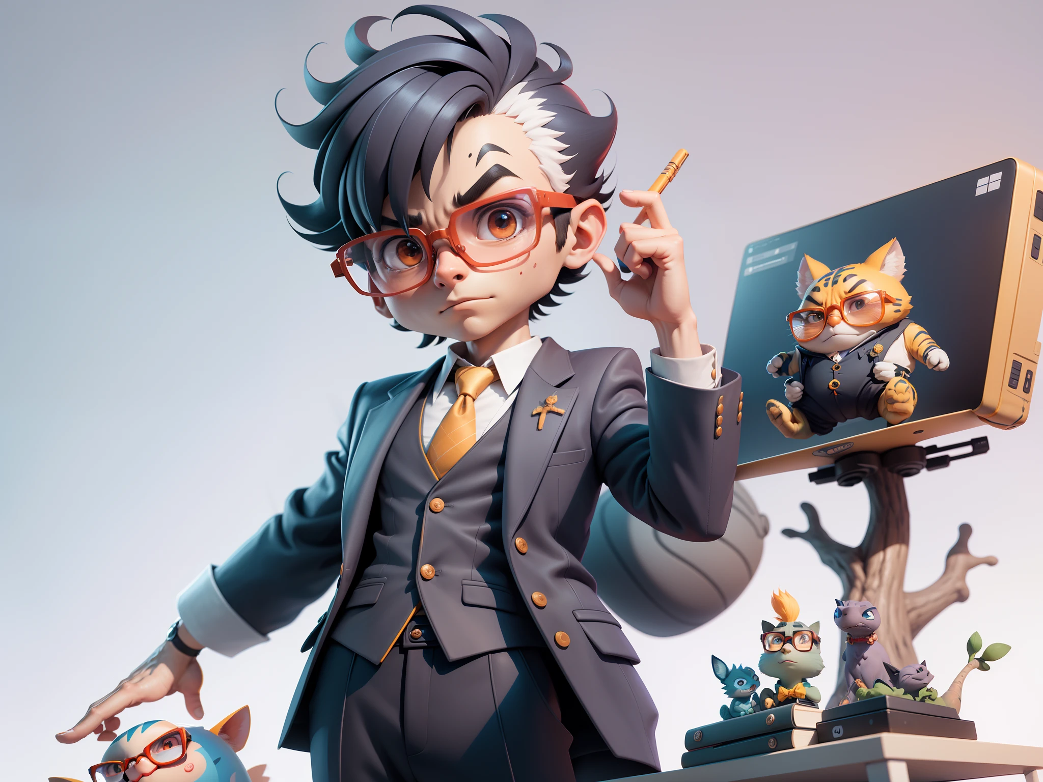 A young man in a suit, Short hair and glasses sat at his desk，holding laptop，digitial painting，tigre，3D character design by Mark Clairen and Pixar and Hayao Miyazaki and Akira Toriyama，4K HD illustration，Very detailed facial features and cartoon-style visuals。