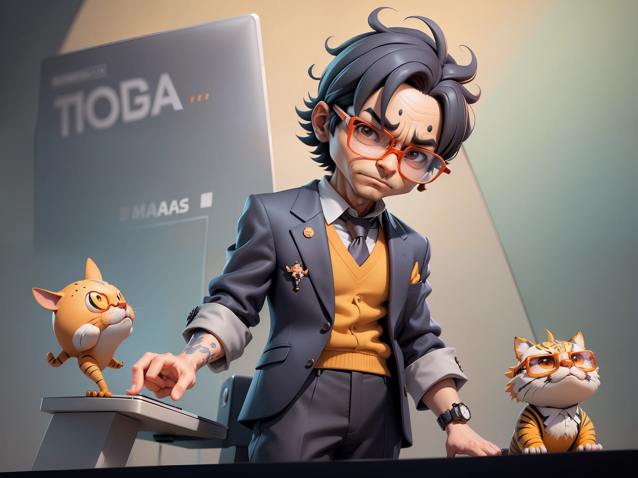 A young man in a suit, Short hair and glasses sat at his desk，holding laptop，digitial painting，tigre，3D character design by Mark Clairen and Pixar and Hayao Miyazaki and Akira Toriyama，4K HD illustration，Very detailed facial features and cartoon-style visuals。