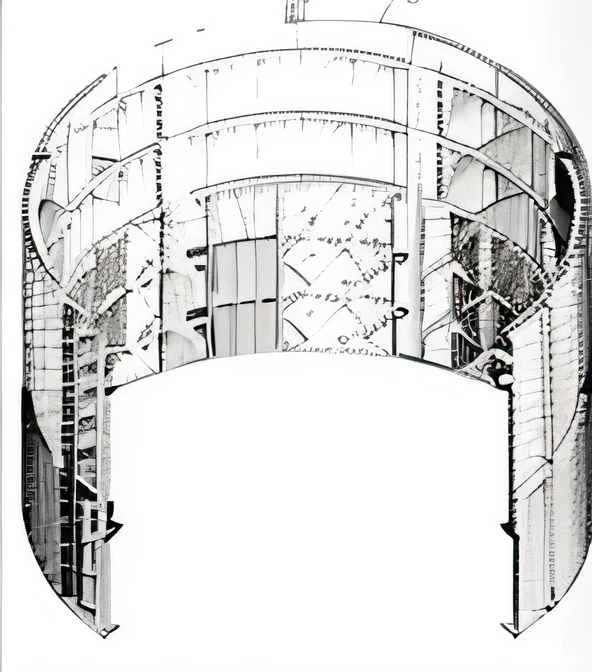 Black and white drawing of large brick structure, non-pleated section, O'Neill cylinder, reactor core, cross section, circular roof, Interior view, fig.1, the photo shows a large, drawn image, o'neill cylinder colony, silo, top - view, cut-away, round form, Inner view, photo from a spectator