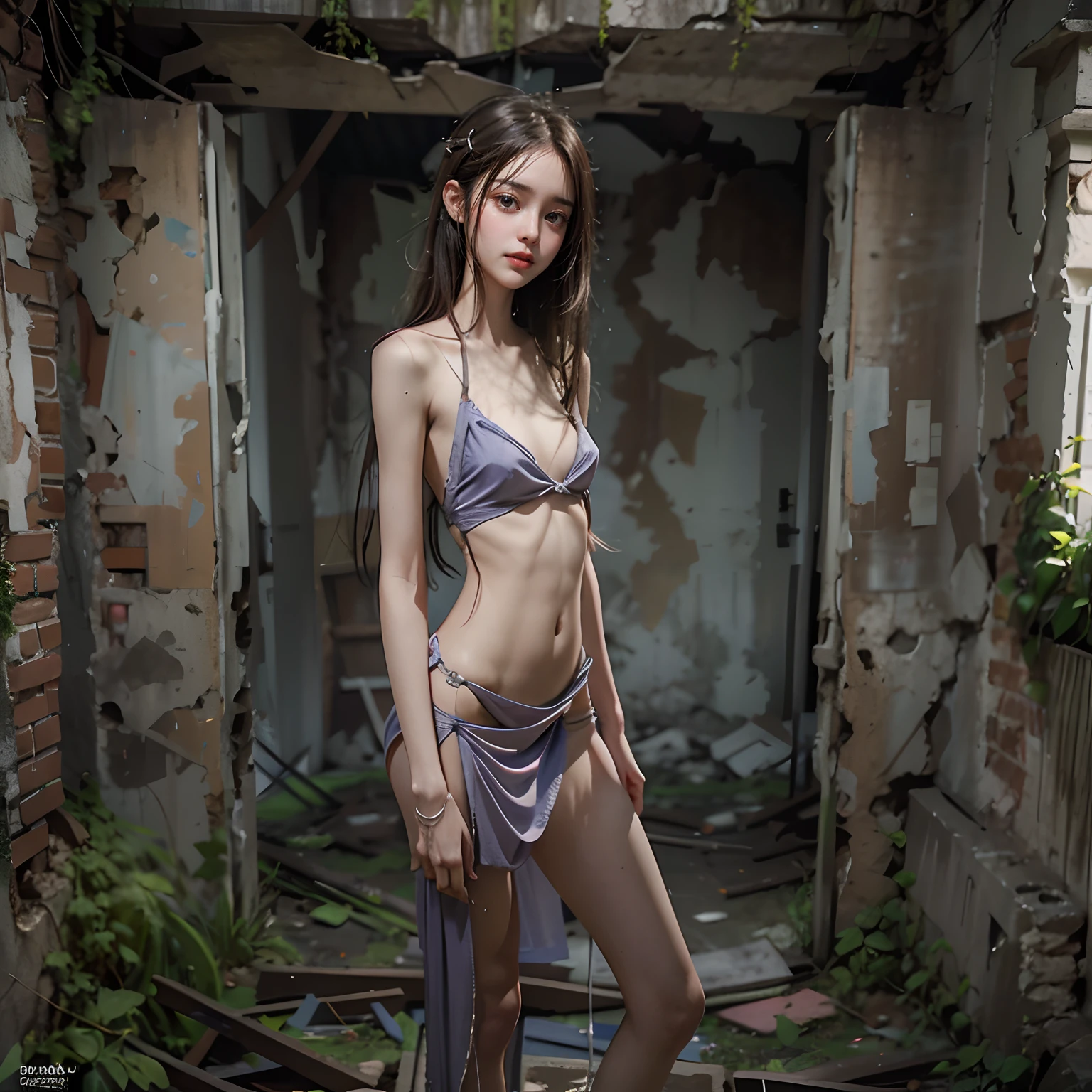 Abandoned ruins sexy standing pose，full-body portraits（1：1），18 years old girls，Slender and slender figure，Skinny，As thin as a whipping post，Smaller bust，The barefoot，Random nudity all over the body，exhibitionists，Random exposure of genitals，face to the viewer