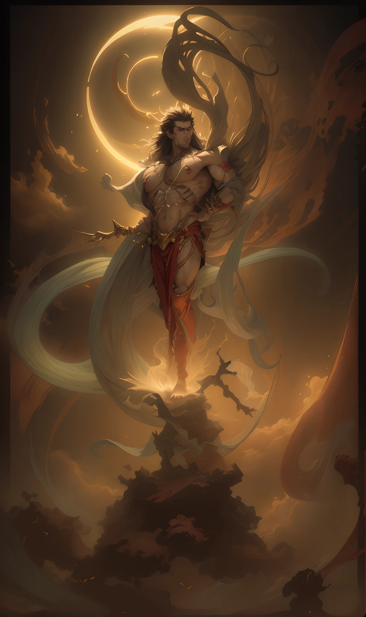 A man，musculous，mythical character，Moire，floated hair