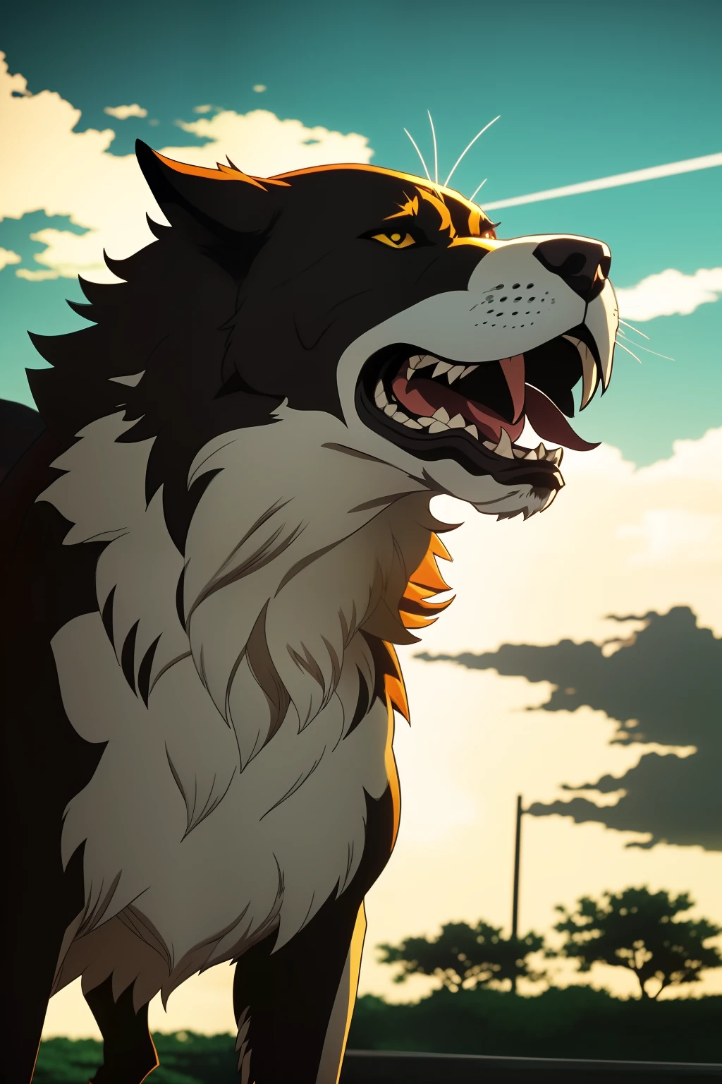 A fierce dog,Large volume,Roared to the sky,Shinkai Makoto manga style, Cinematic lighting, Super detail, Best quality, High details, 4K