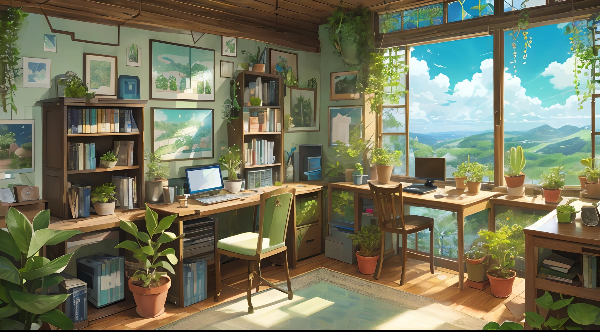 a desk, green plants, panoramic windows nature view, blue sky highly detailed, intricate details, objects like monitor keyboard, 4 pictures on the wall, containers of succulents, books, astrolabe, cacti in containers, by ghibli anime style