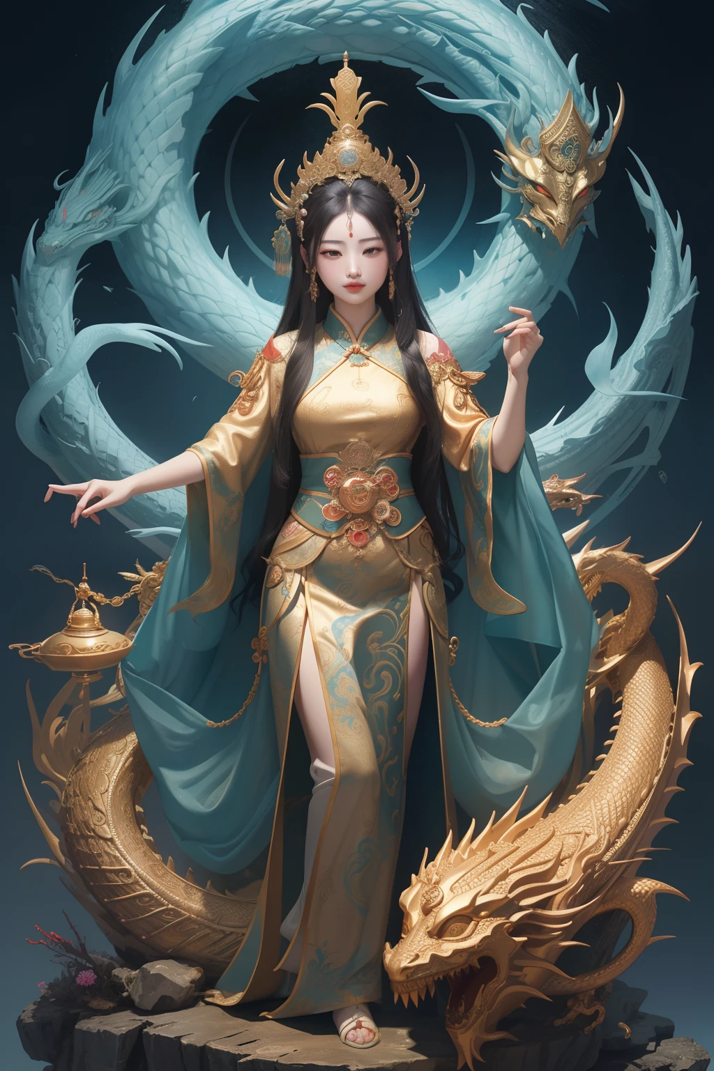 an ancient Chinese goddess, guanyin of the southern seas, Guanyin, Inspired by China, Avalokiteshvara rides a dragon,,Serene expression,shui mo hua,Buddha,Buddhist,Lotus,Chinese painting style,Thangka style