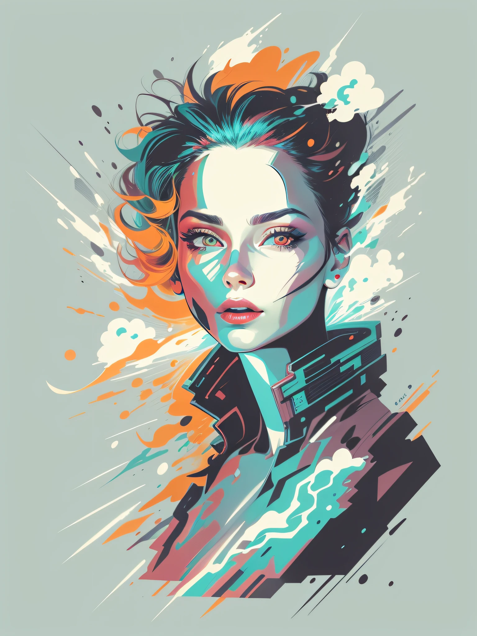 graphic design t-shirt, flat design, face of two futuristic cyberpunk women in mix of tones, colorful tones, clean highly detailed, vector image, professional photography, smoke explosion, simple background, flat white background, bright vector ((white background) )