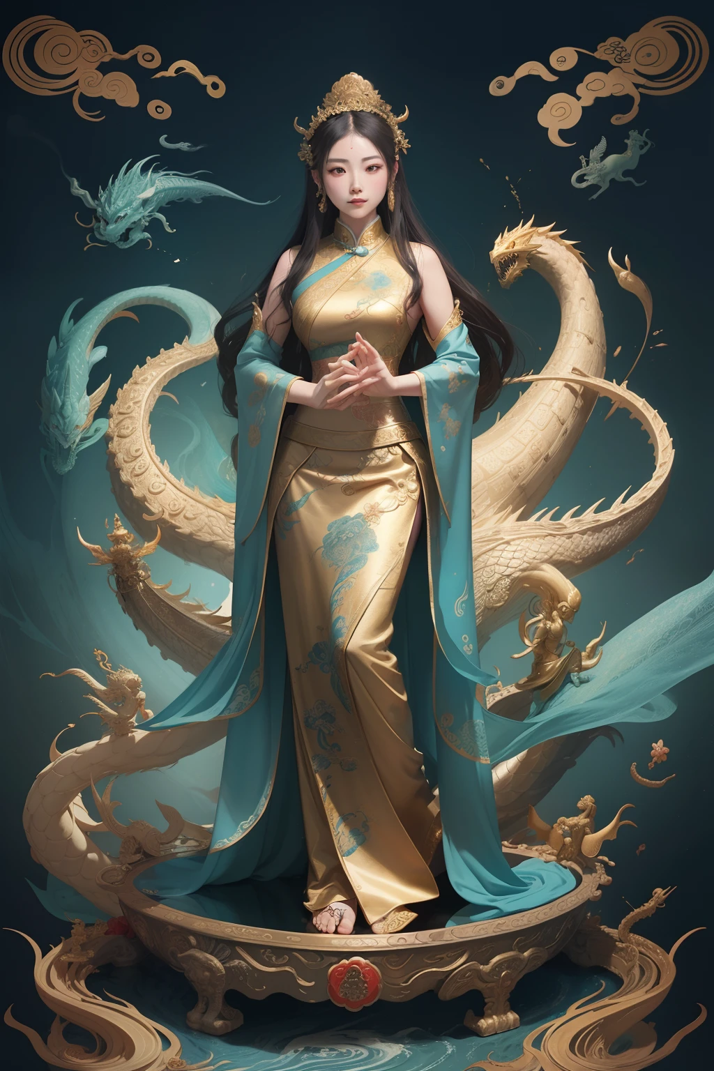 an ancient Chinese goddess, guanyin of the southern seas, Guanyin, Inspired by China, Avalokiteshvara rides a dragon,,Serene expression,shui mo hua,Buddha,Buddhist,Lotus,Chinese painting style,Thangka style