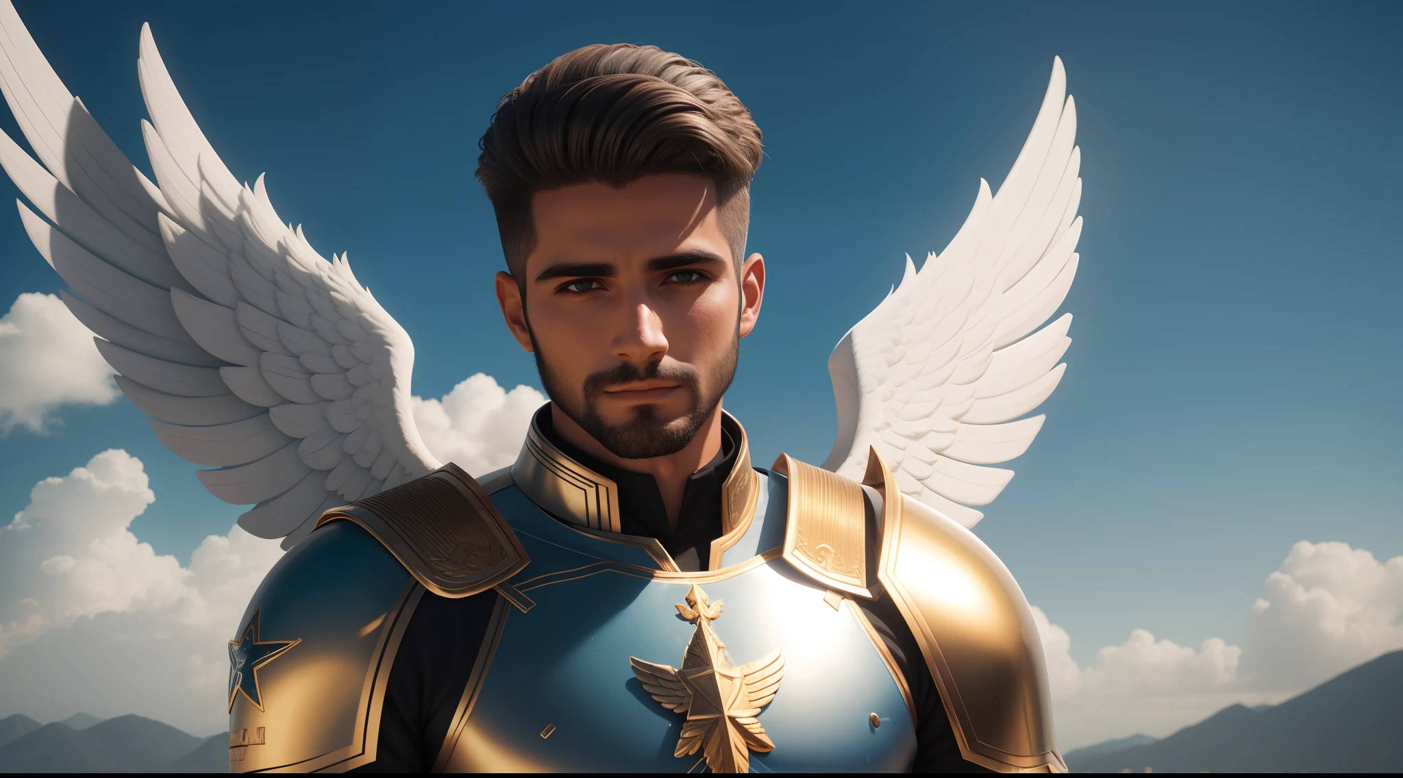 anjo masculino de deus, anjo masculino, The angel of God's army, Golden Army, Rosto detalhado, army, face sem defeito, Normal face, tempestade, Towards the Heavens, celestial, divino, fotorrealista, renderizado, 4k, 8k, texturas detalhadas, sombras detalhadas, decente, cores detalhadas, anjo masculino de deus, Contraste realista, Texturas fotorrealistas, cores detalhadas, cores realistas, sombras detalhadas,