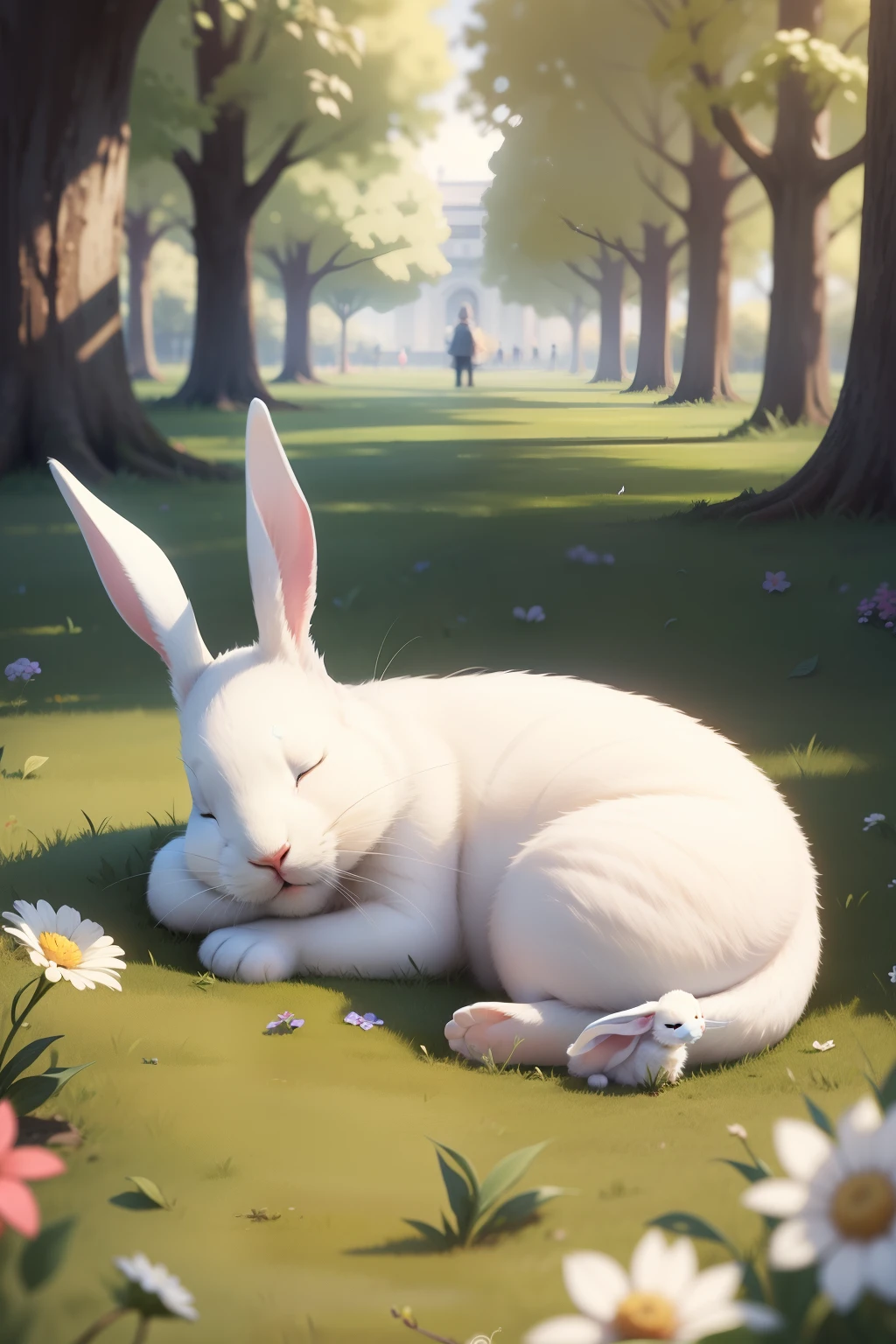 A white rabbit sleeping in the park