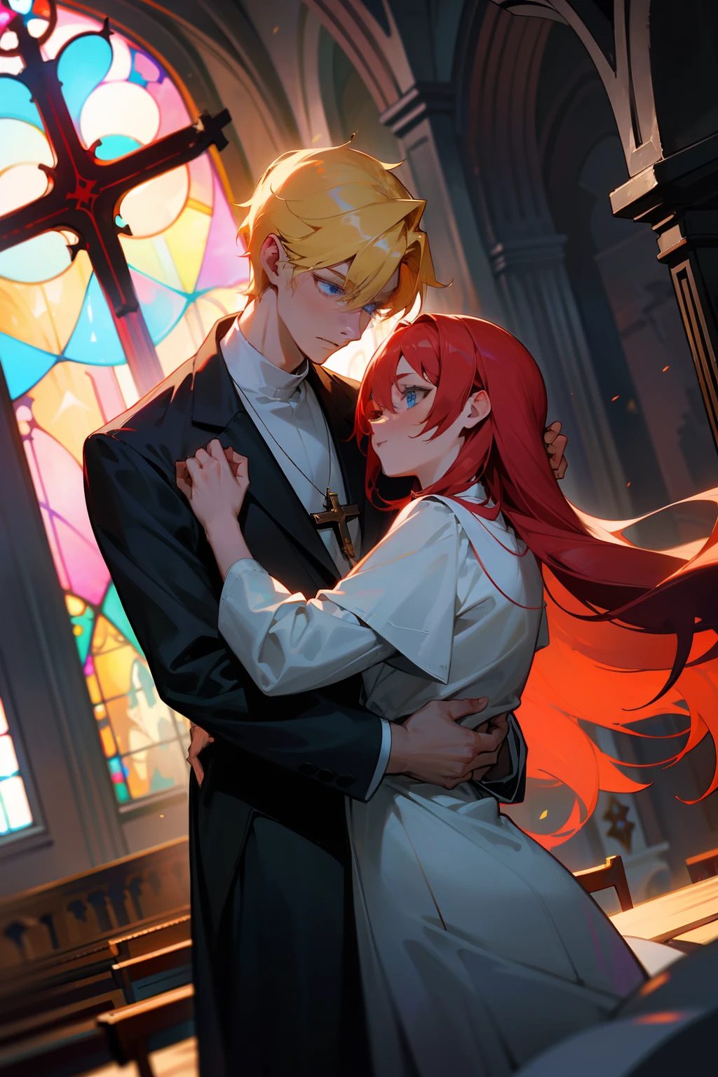 In the dimly lit church,Redhead lawyer dressed as girl,beautiful countenance,Handsome boy priest with blonde hair and blue eyes,The boy's body is translucent,The two danced,The girl places a cross necklace in the boy's hand,A red gemstone is set in the middle of the cross