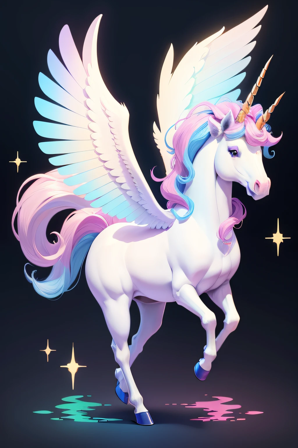 cartoon unicorn with wings and horn coloring by cute and cool, solo, no humans, full body, wings, blue eyes,