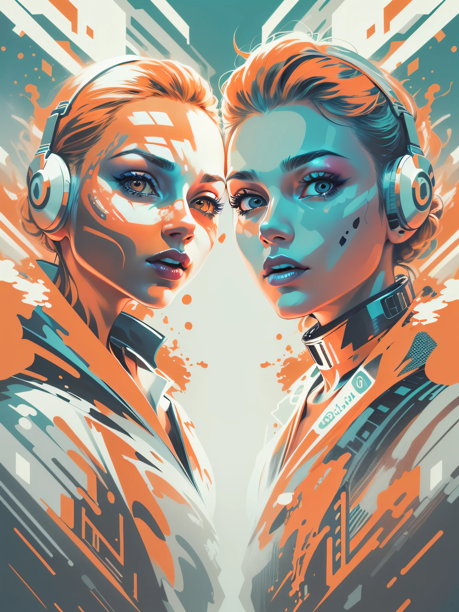 graphic design t-shirt, flat design, face of two futuristic cyberpunk women in mix of tones, colorful tones, clean highly detailed, vector image, professional photography, smoke explosion, simple background, flat white background, bright vector ((white background) )
