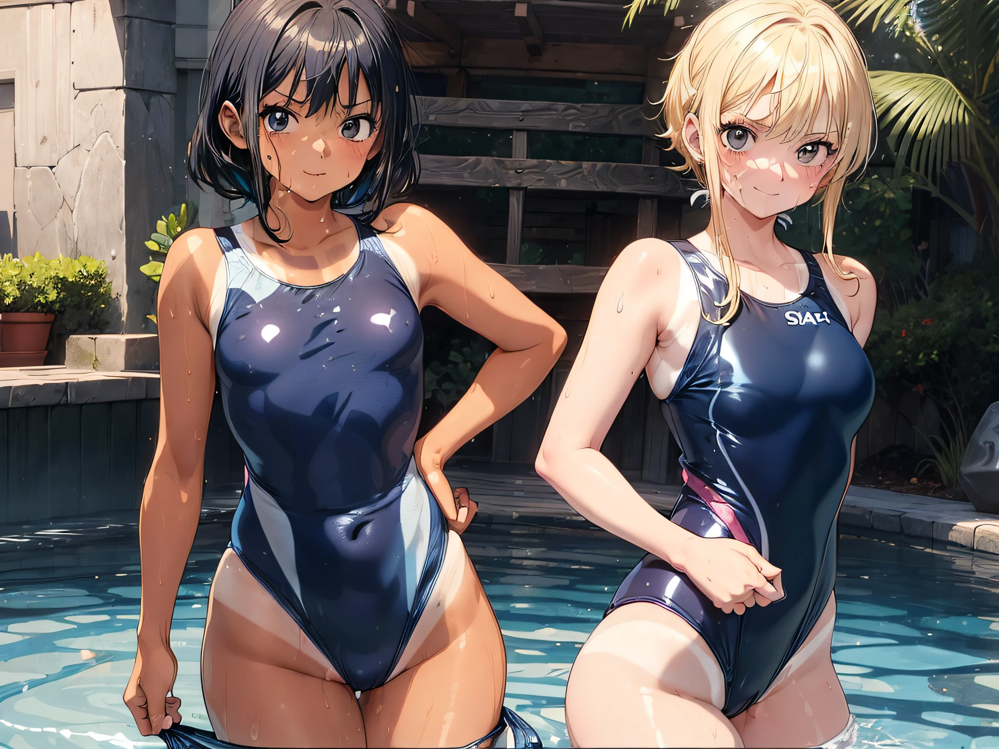 (best quality, masterpiece:1.2), 2girls, cute face, 8 , japanese child, blair, short arms, short legs, petit, being stumpy, (cute, kawaii:1.3), (flat chest), (best quality, masterpiece:1.2), (((glossy slippy texture dark-blue nylon competition swimsuit:1.3))), full body, too sweat body, too sweat skin, very sweaty, kind happy smile, (((one-piece swimsuit tanlines:1.2))), uncensored, nsfw