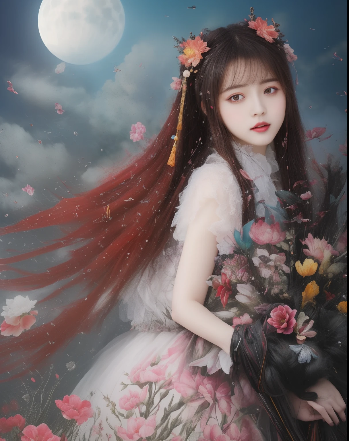 (8k, RAW photo:1.2),1girl，best quality, ultra high res,dramatic angle,(fluttered detailed color splashs), (illustration),(((1 girl))),(long hair),(rain:0.9),(hair ornament:1.4),there is an ancient palace beside the girl,chinese clothes,(focus on), color Ink wash painting,(color splashing),colorful splashing,(((colorful))),(sketch:0.8), Masterpiece,best quality, beautifully painted,highly detailed,(denoising:0.6),[splash ink],((ink refraction)), (beautiful detailed sky),moon,highly,detaild,(masterpiece, best quality, extremely detailed CG unity 8k wallpaper,masterpiece, best quality, ultra-detailed),(Lycoris radiata),