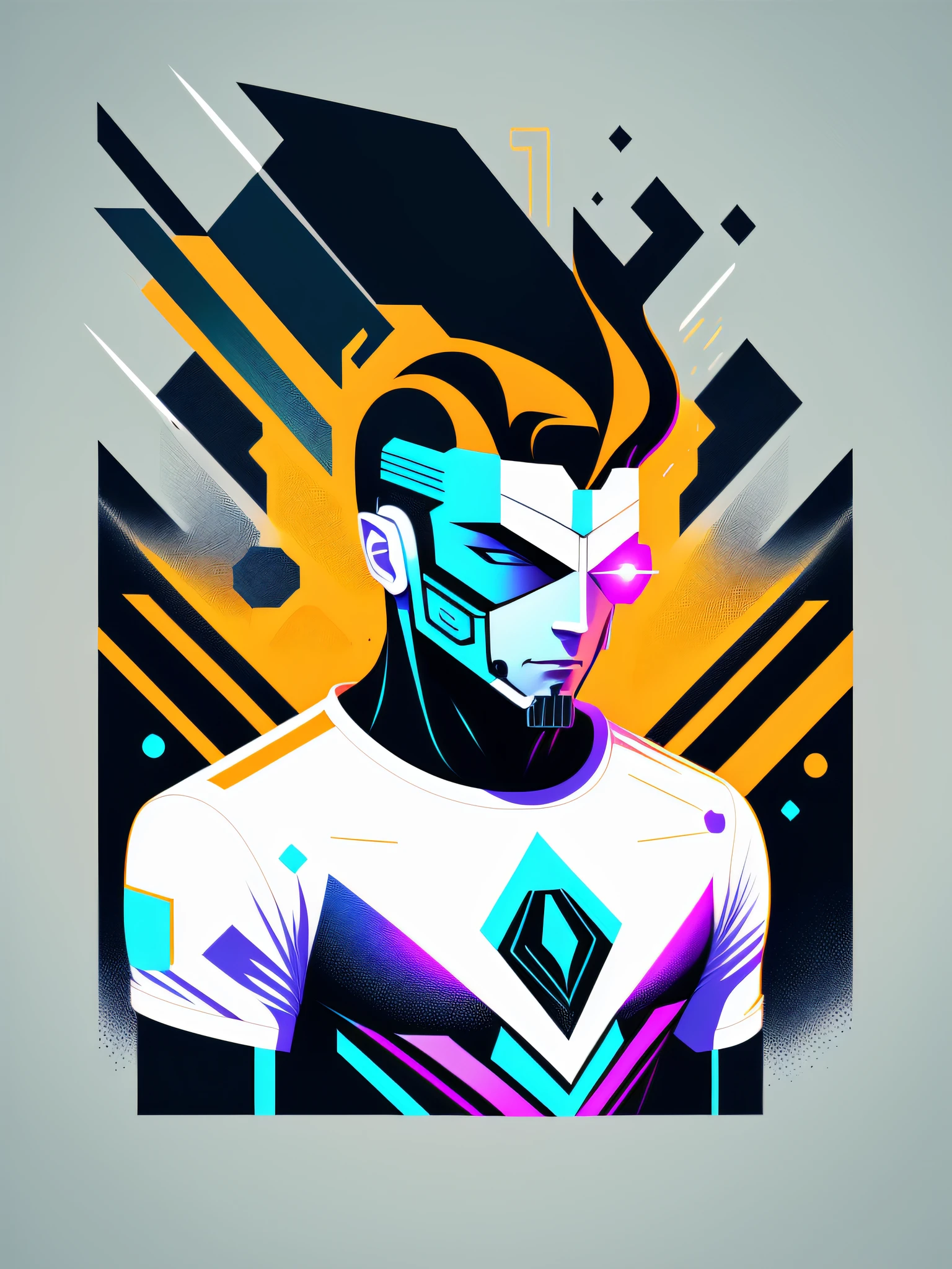 graphic design t-shirt, flat design, futuristic cyberpunk man, with robotic brain, colorful tones, highly detailed clean, vector image, professional photography, smoke explosion, simple background, flat white background, bright vector ((white background))