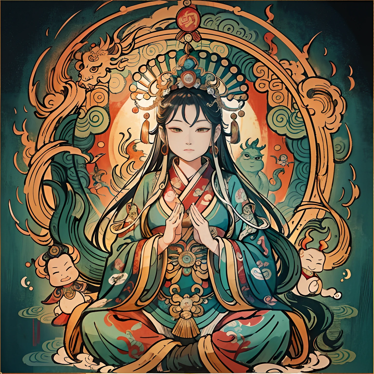 an ancient Chinese goddess, guanyin of the southern seas, Guanyin, Inspired by India, Avalokiteshvara rides a dragon，,Serene expression,shui mo hua,Buddha,Buddhist,Lotus,Chinese painting style,Thangka style