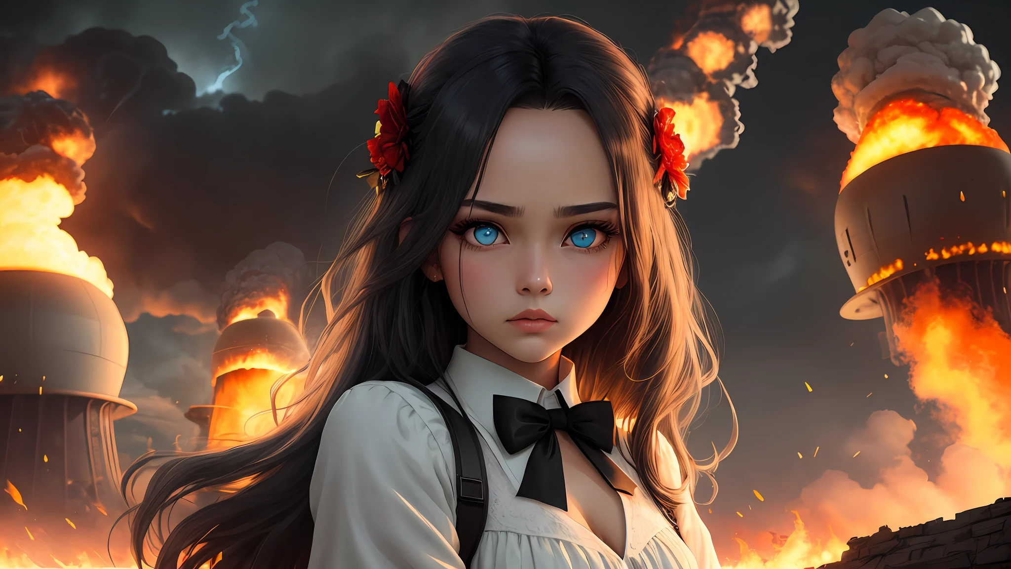 masterpiece,best quality, illustration,{beautiful detailed girl},beautiful detailed glow,(flames of war:1.2),(nuclear explosion behide:1.3),rain,detailed lighting,detailed water,(beautiful detailed eyes:1.1),expressionless,palace,azure hair,disheveled hair,long bangs,hairs between eyes,(whitegrey dress:1.1),black ribbon,white bowties,midriff,big forhead,blank stare,flower,long sleeves