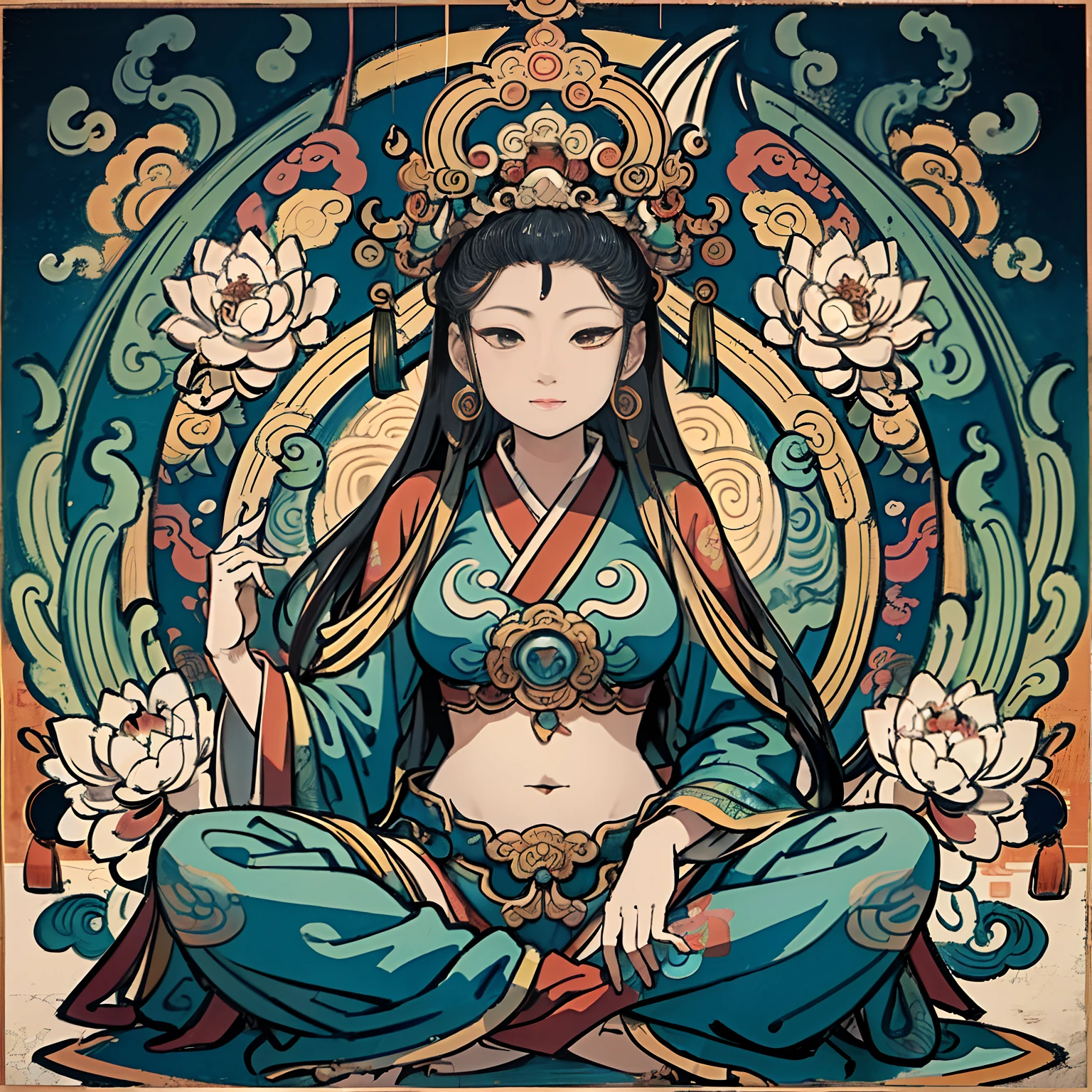 an ancient Chinese goddess, guanyin of the southern seas, Guanyin, Inspired by India, Avalokiteshvara rides a dragon，,Serene expression,shui mo hua,Buddha,Buddhist,Lotus,Chinese painting style,Thangka style