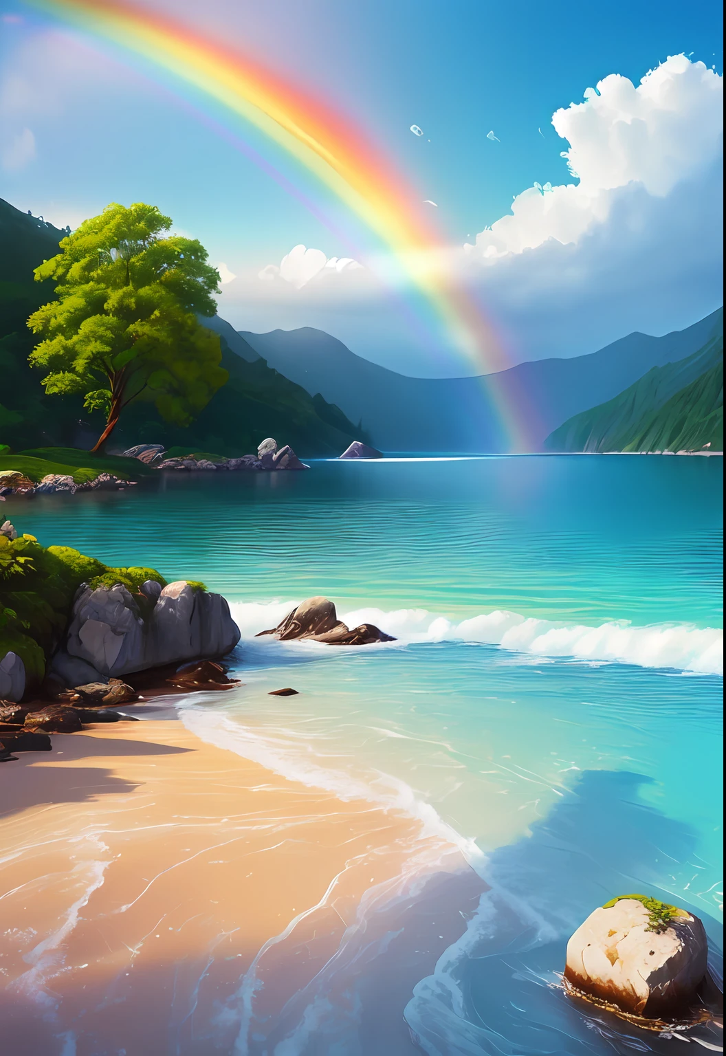 Landscape, water, with rainbow (extremamente detalhado CG unidade 8k papel de parede), a obra de arte mais bonita do mundo, professional majestic oil painting, intrincado, High detail, foco nítido, dramatic and photorealistic painting art