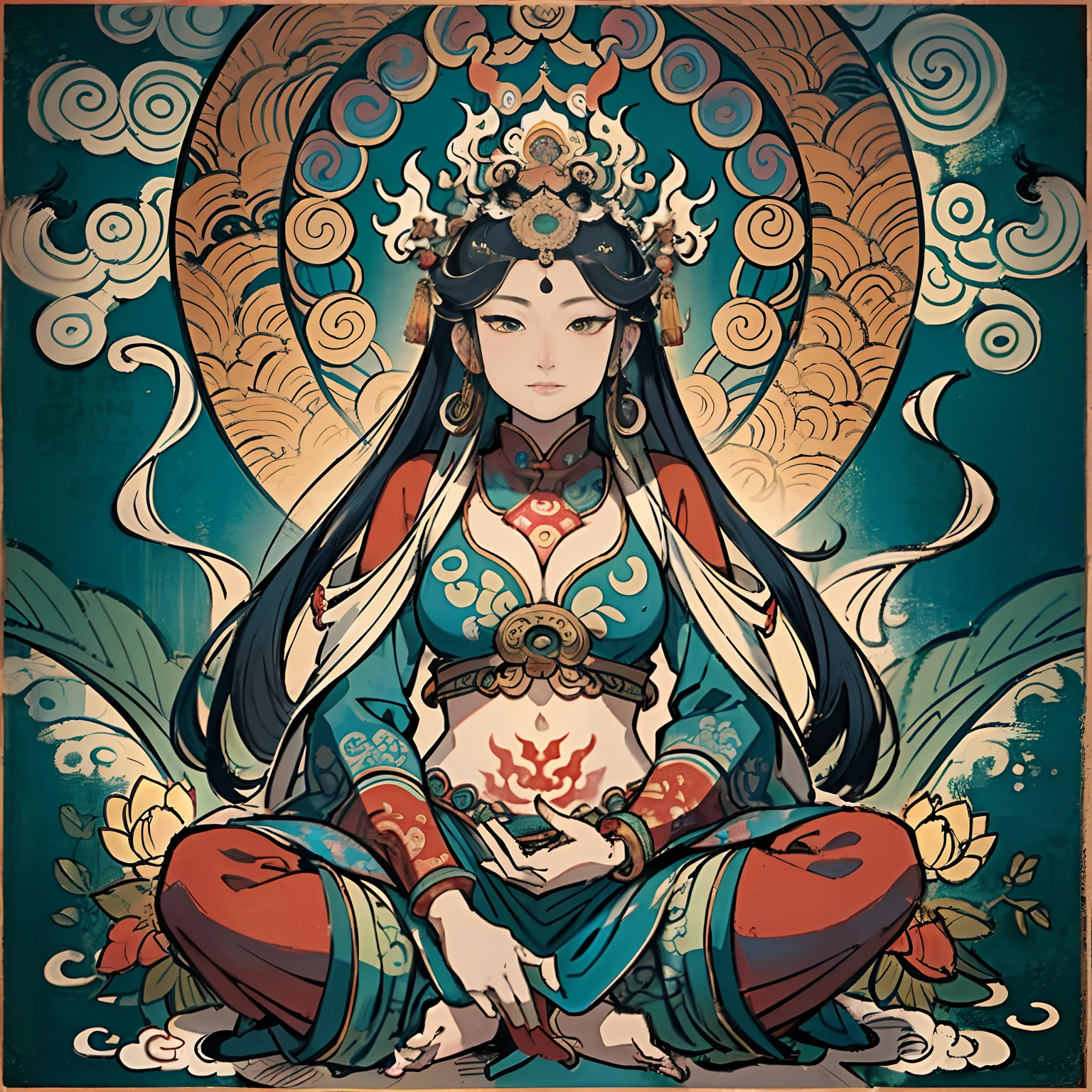 an ancient Chinese goddess, guanyin of the southern seas, Guanyin, Inspired by India, Avalokiteshvara rides a dragon,,Serene expression,shui mo hua,Buddha,Buddhist,Lotus,Chinese painting style,Thangka style