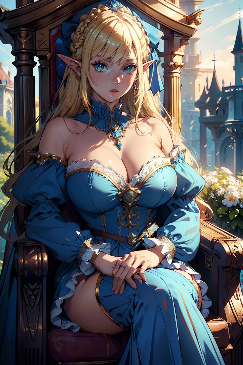 (Realistic), (Highres), 4K, 8K, Detailed Illustration, Ultra-Detailed, Ambient Light, Backlighting, Realistic Shadows, Glowing Particles, Light Particles, Digital Art, Detailed Face, Detailed Hair, (Hyper-Detailed Eyes:1.2), Soft Light, Soft Lighting, (Outdoors:1.15), Renaissance, Renaissance Architecture, Hyper Detailed Architecture, Vintage Windows, Red Curtains, (Throne:1.4), (Sitting on Throne:1.2), Front, Frontal, Huge Throne, Ornate Throne, Royal Throne, Massive Throne, (Blonde Hair:1.15), Bangs, Shiny Hair, short braids, Blue Eyes, Closed Mouth, Dignified Expression, Emotionless, Calm, Confident (Solo:1.4), Mature Female, Sexy Elf Woman, Full Body, Toned Thighs, Narrow Waist, Round Hips, (Huge Perky Breasts:1.1), Crossed Legs, (Crossed Arms:1.1) (Elegant Blue Dress:1.1), Ornate Clothes, Ornate Dress, (Blue Off-Shoulder Dress:1.1), Bare Shoulders, Skindentation, (Blue Dress:1.1), (White Puffy Sleeves, Long Sleeves, Juliet Sleeves:1.1), Long Sexy Dress, cleavage, covered , (Ballroom Gown:1.3), (Frilled Dress:1.3), (Jewelry:1.15), Collar, Gorget, Gold-Trim, Regalia, Knight (NSFW)
