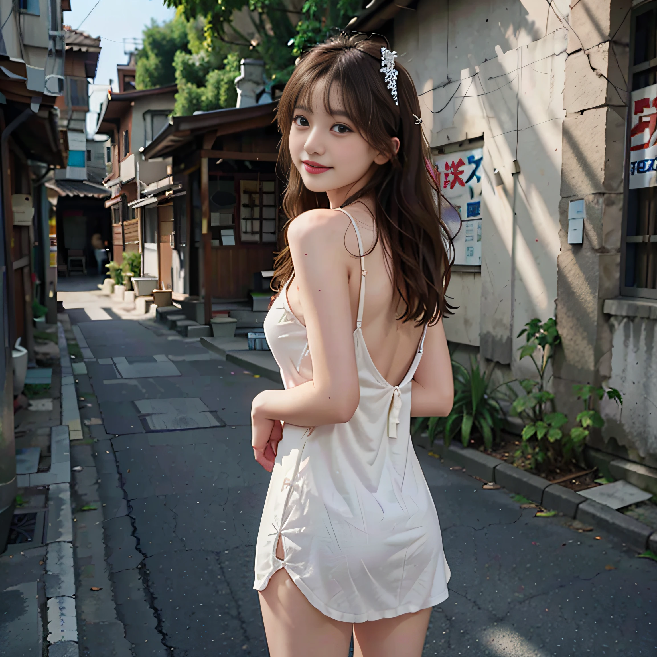 girl with、cute little、Chest exposed、(Photographic realism:1.4)、see through camisole、sleeveless、realistic skin textures 、二重まぶた、bangss、小柄、Thin leg、(Slim body)、cleavage of the breast、low angles、shoulder、Arm skin、a smile、head gear、耳Nipple Ring、a necklace、Back alley、Looking at the camera、Background blur、telephoto lens